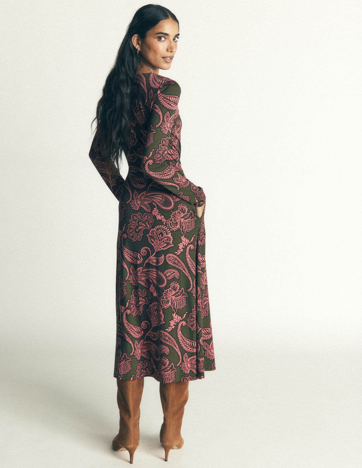Jasmine Ruched Jersey Dress-Forest Glade, Paisley Bouquet-4