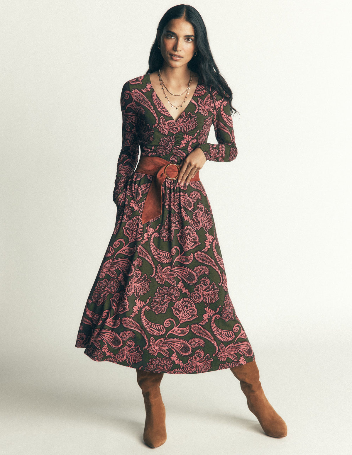 Jasmine Ruched Jersey Dress-Forest Glade, Paisley Bouquet - Image 4