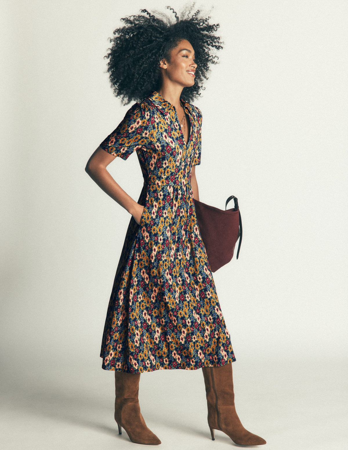 Heidi Jersey Midi Tea Dress-French Navy, Flecked Garden - Image 1