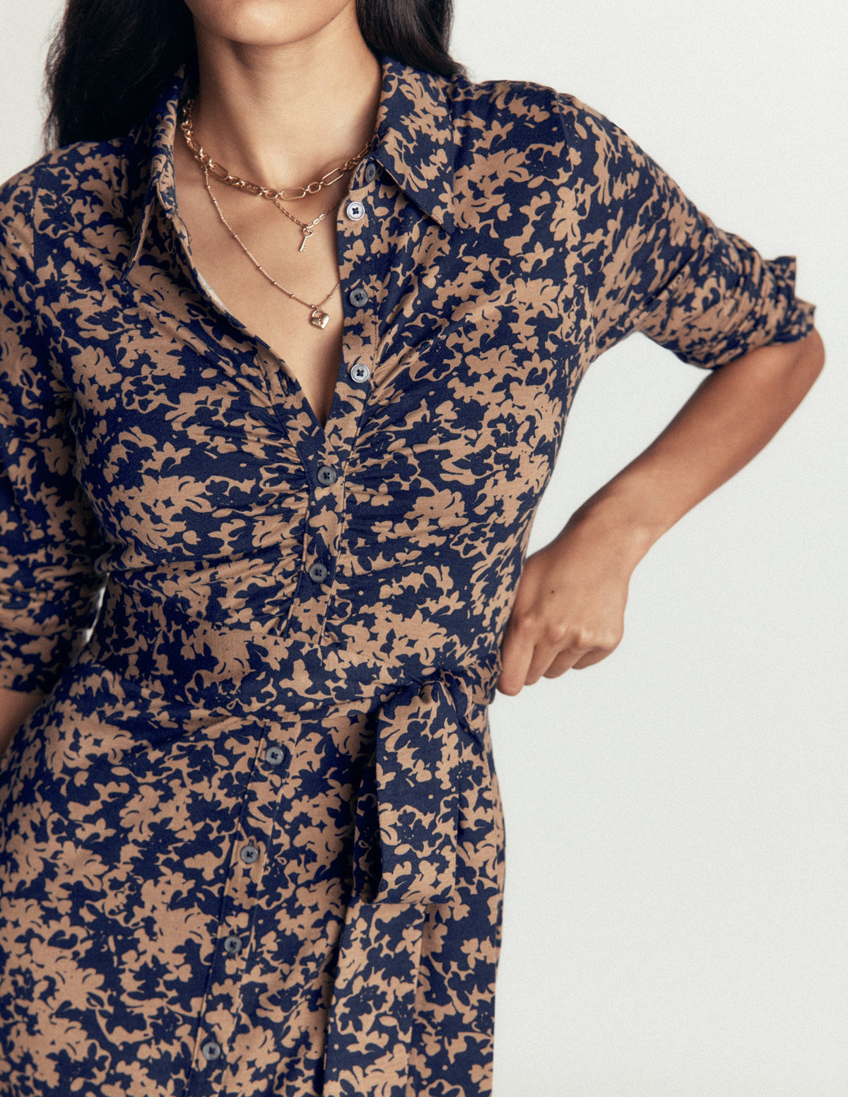 Ruched Jersey Shirt Dress-Cool Cocoa, Sprayed Leaf - Image 2