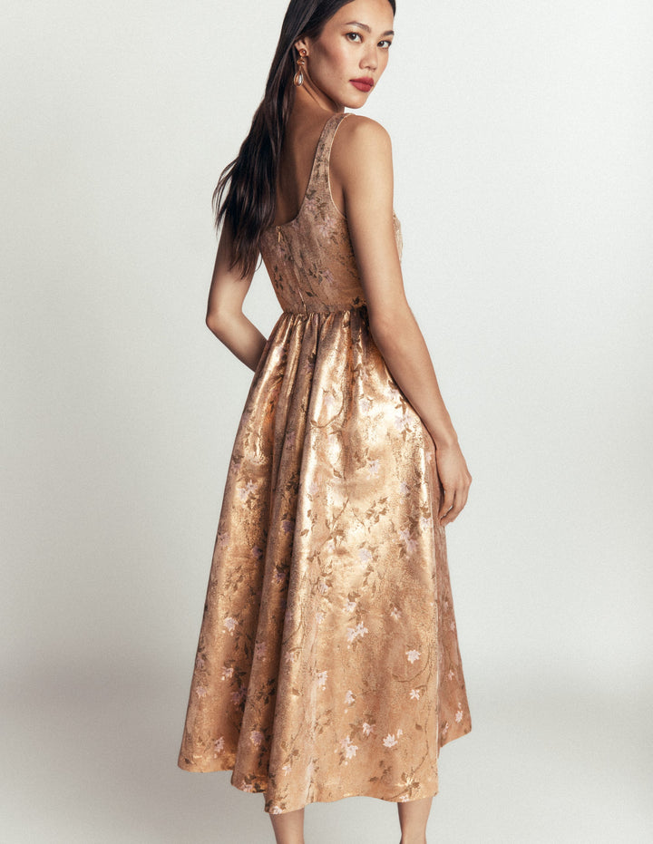 Scoop Neck Fit and Flare Dress-Gold Jacquard