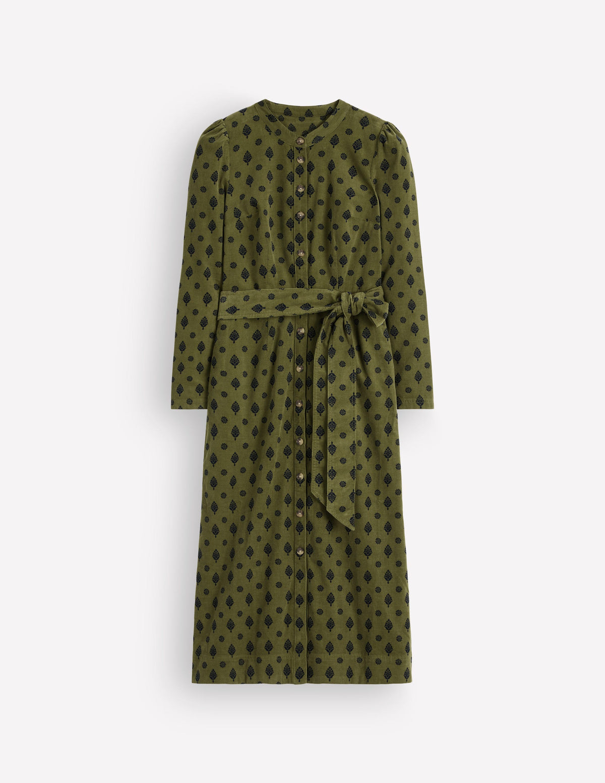 Louise Cord Midi Shirt Dress-Olive, Ornate Gardenia Stamp-7