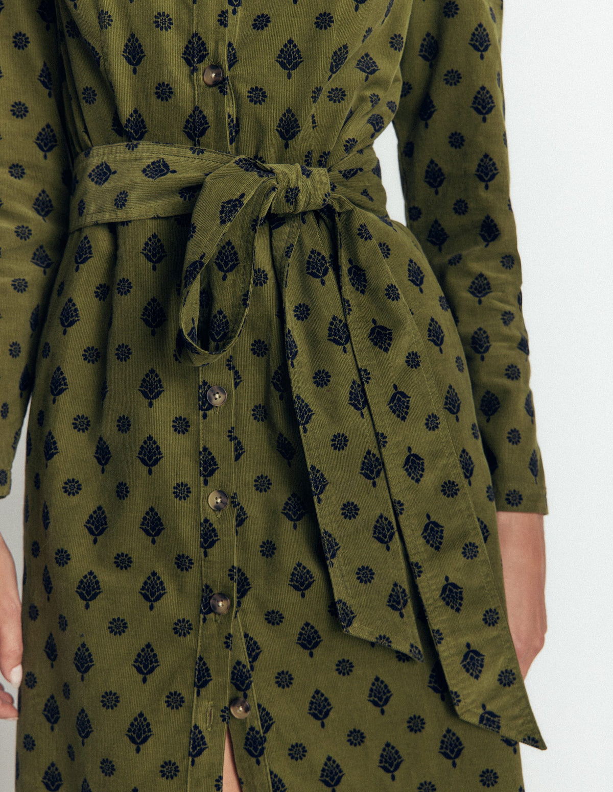 Louise Cord Midi Shirt Dress-Olive, Ornate Gardenia Stamp-2