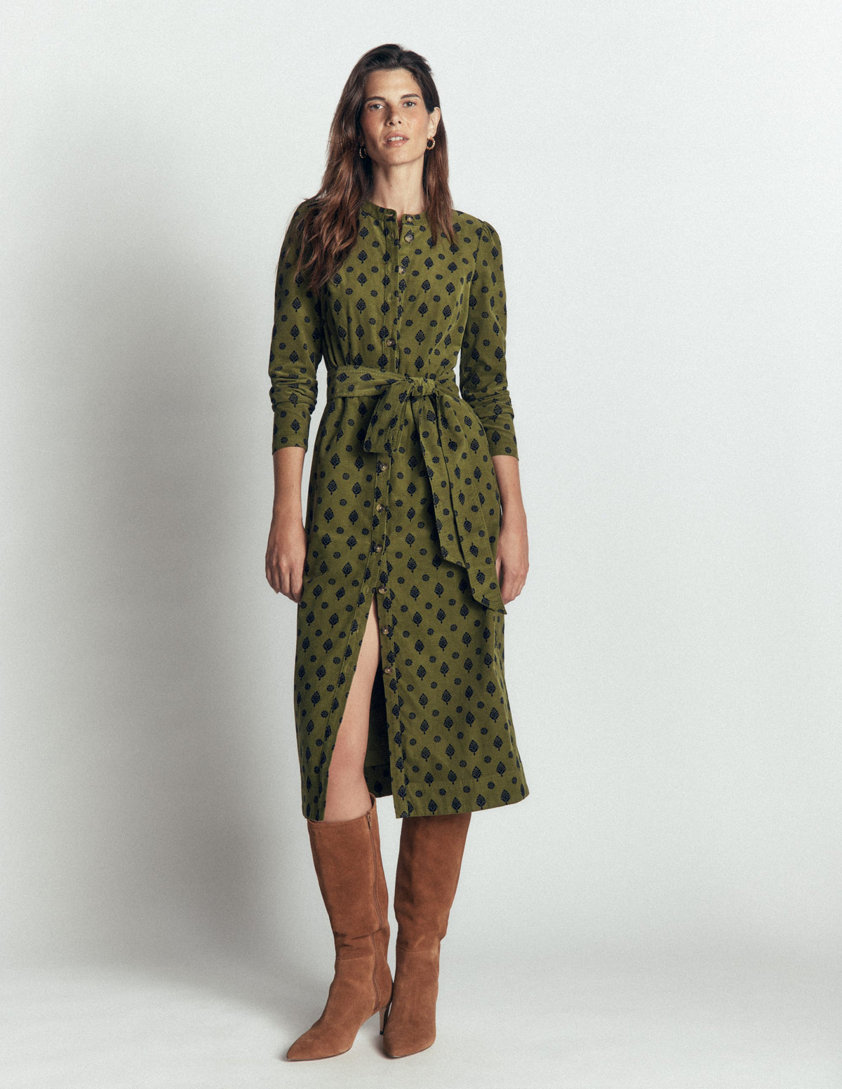Louise Cord Midi Shirt Dress-Olive, Ornate Gardenia Stamp-4