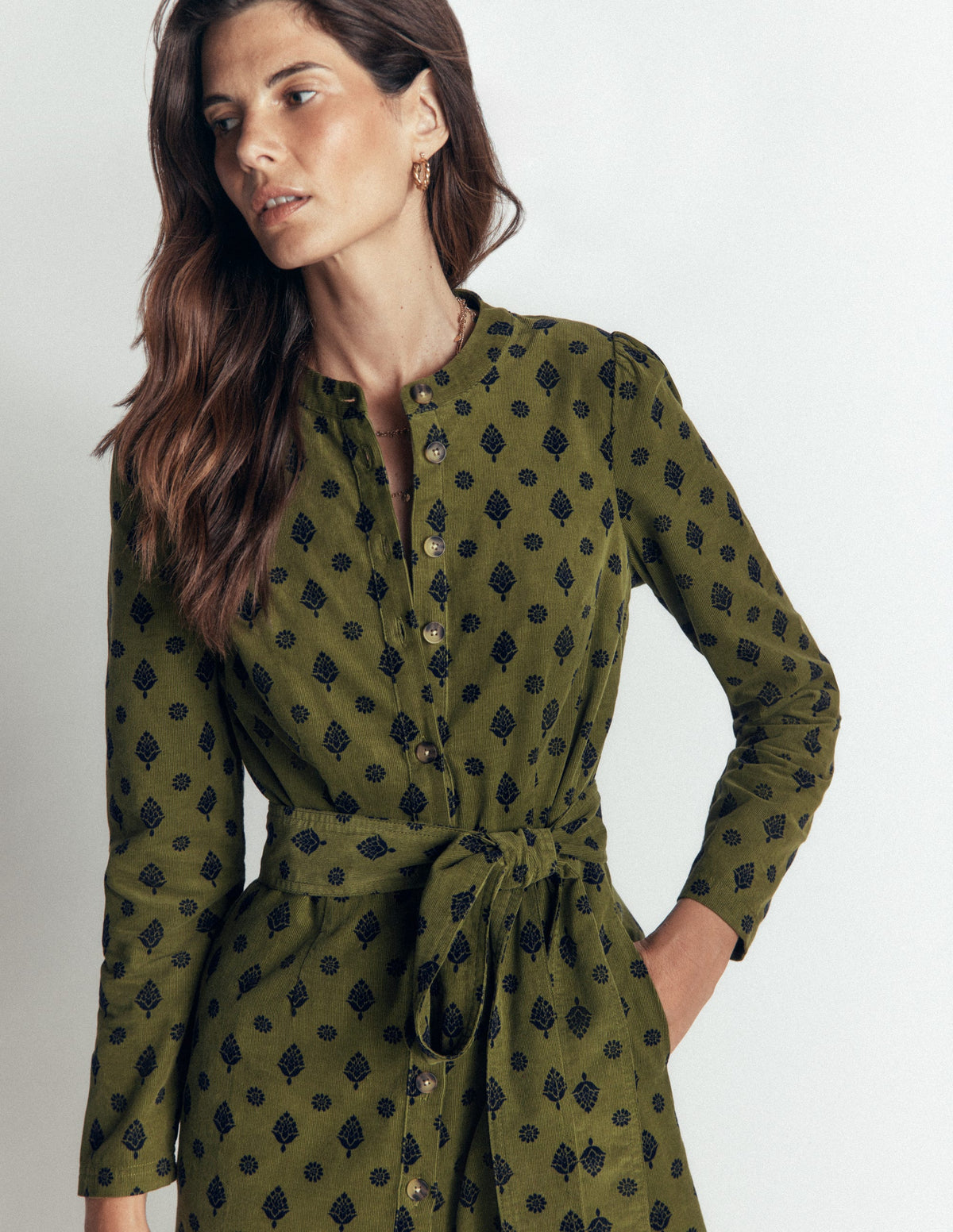 Louise Cord Midi Shirt Dress-Olive, Ornate Gardenia Stamp - Image 5