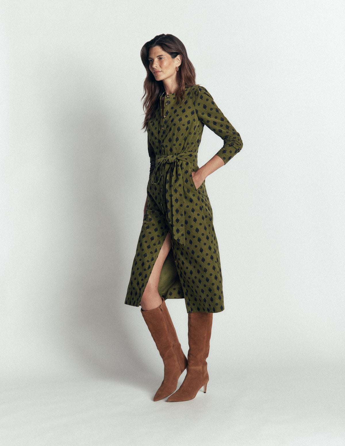 Louise Cord Midi Shirt Dress-Olive, Ornate Gardenia Stamp-6