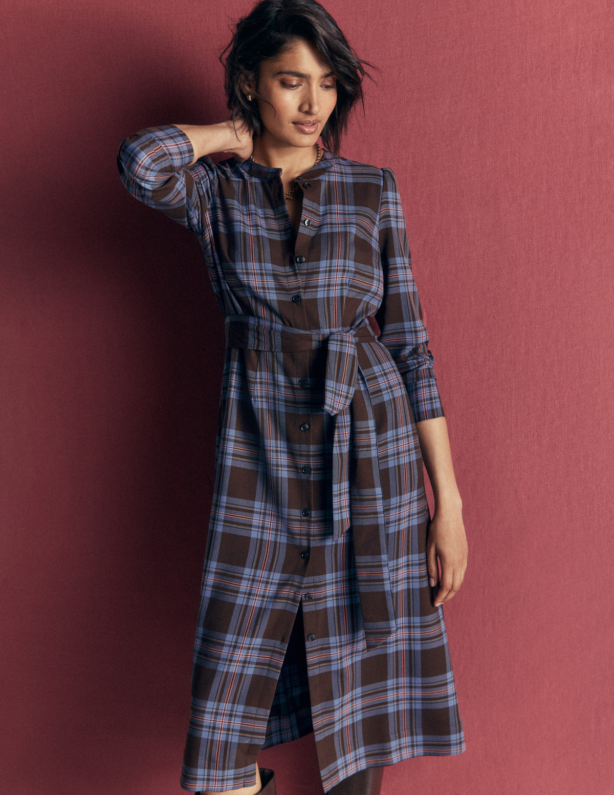 Louise Check Midi Shirt Dress-Brown, Blue and Pink Check-2