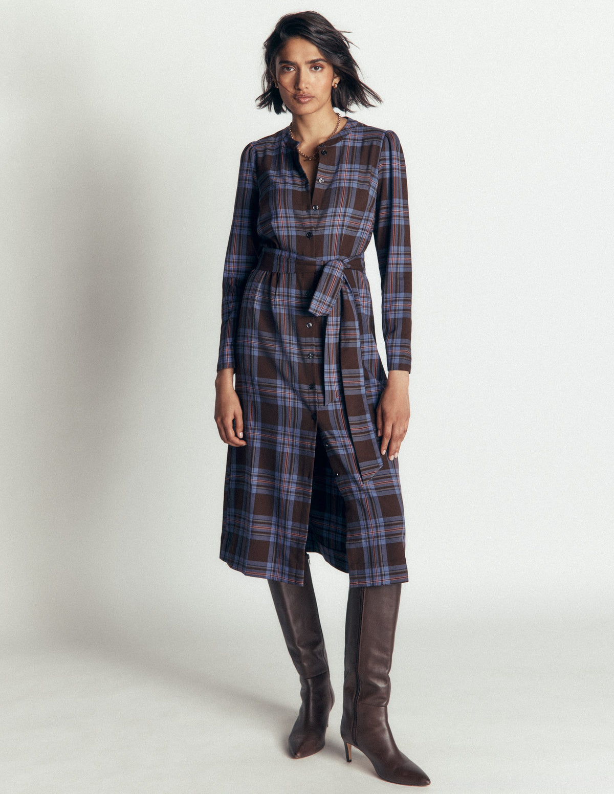 Louise Check Midi Shirt Dress-Brown, Blue and Pink Check-4