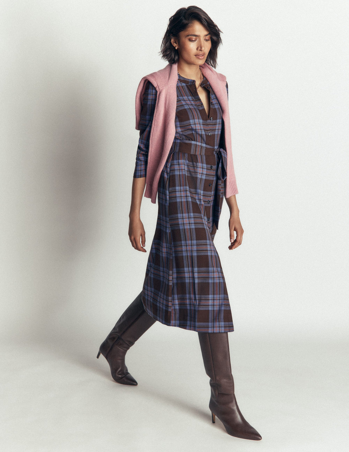 Louise Check Midi Shirt Dress-Brown, Blue and Pink Check-5