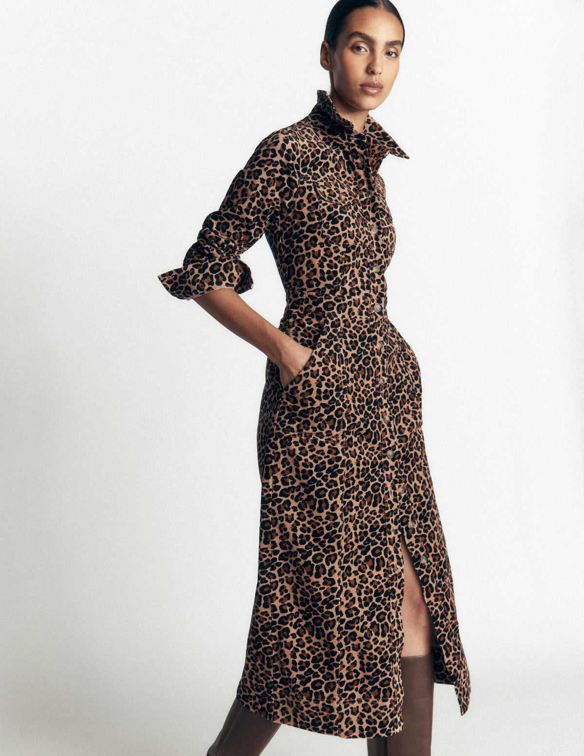 Fleur Cord Midi Dress-Brown, Leopard Fields-4