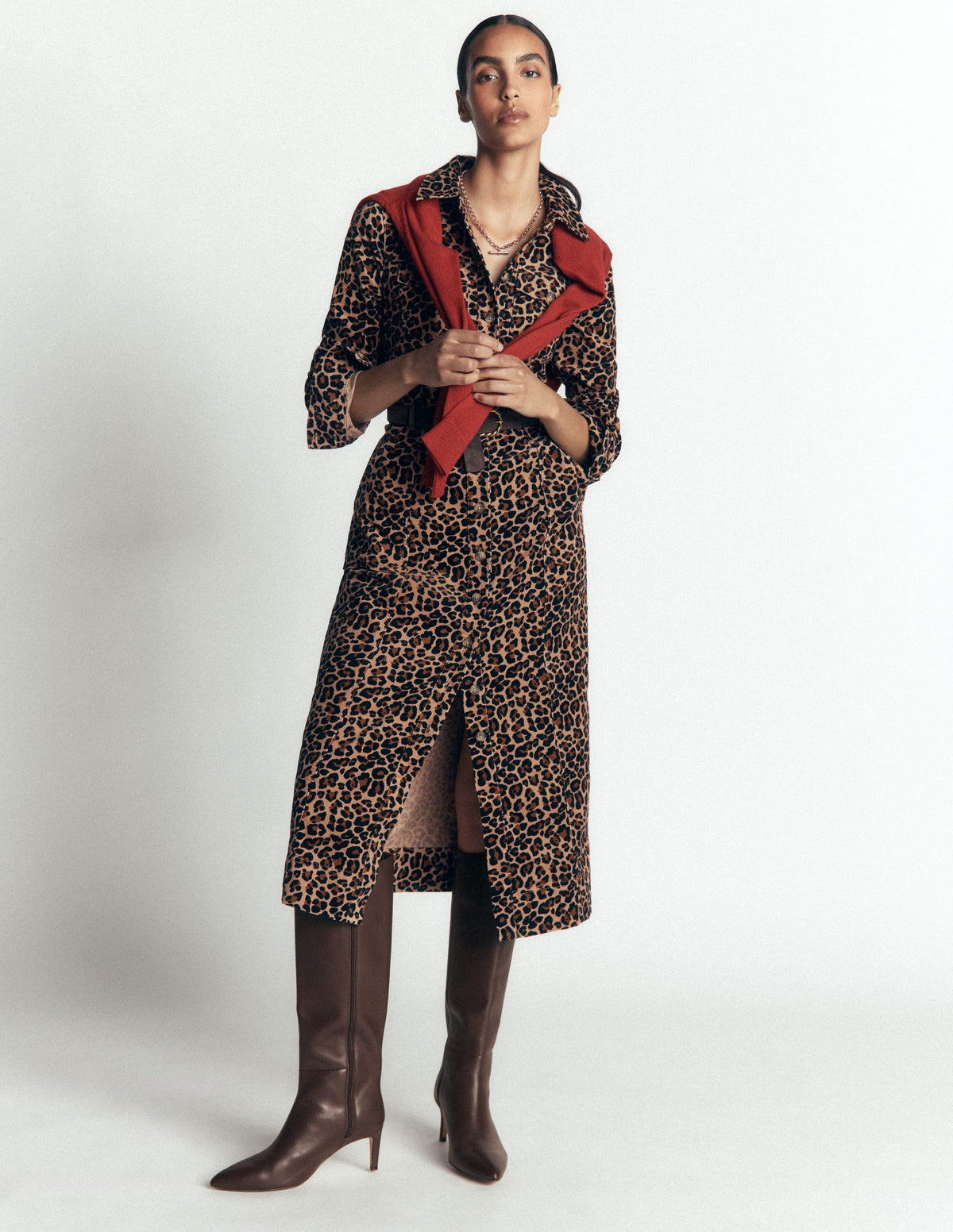 Fleur Cord Midi Dress-Brown, Leopard Fields - Image 5