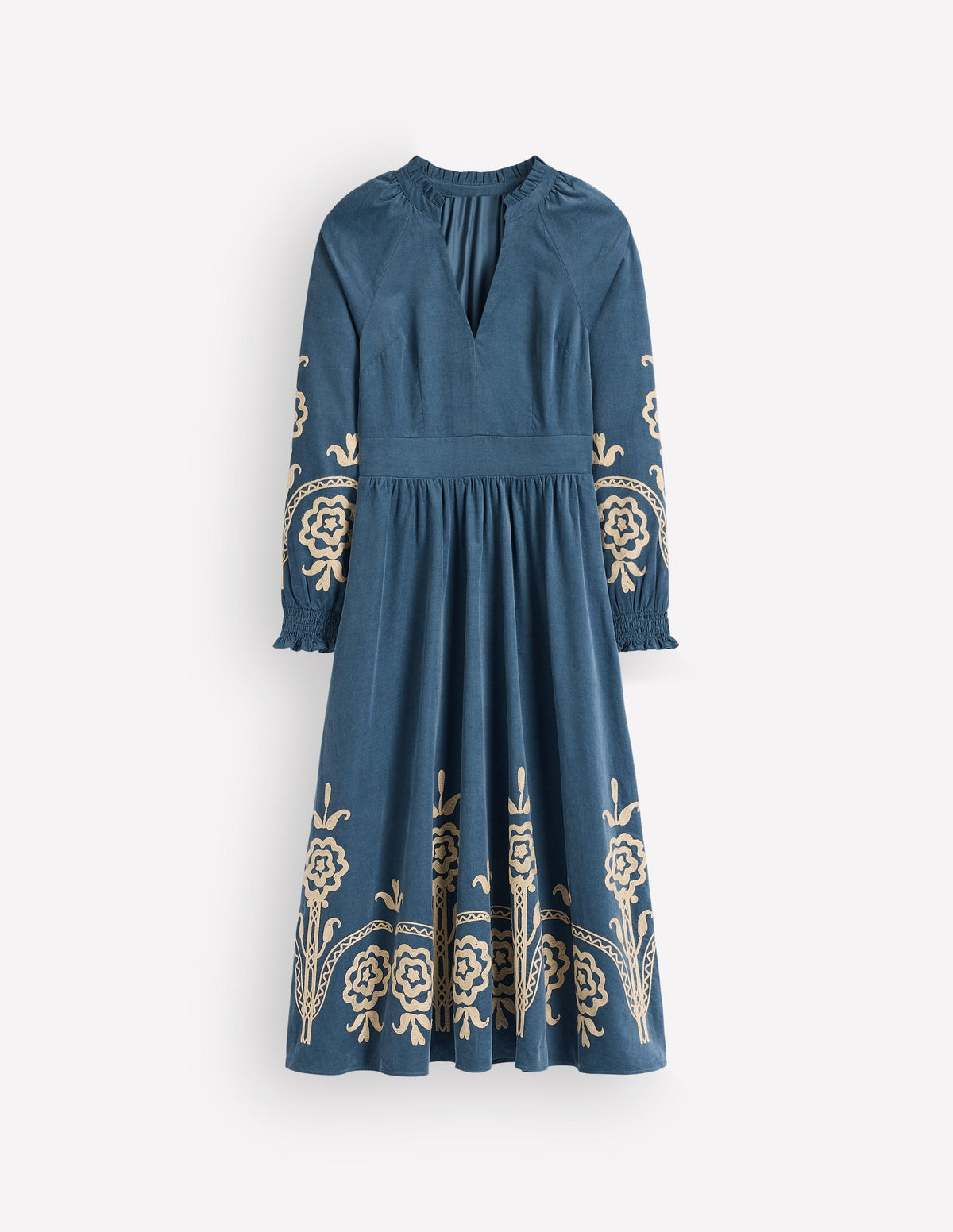 Smocked Cord Midi Dress-Storm Blue, Embroidery - Image 6