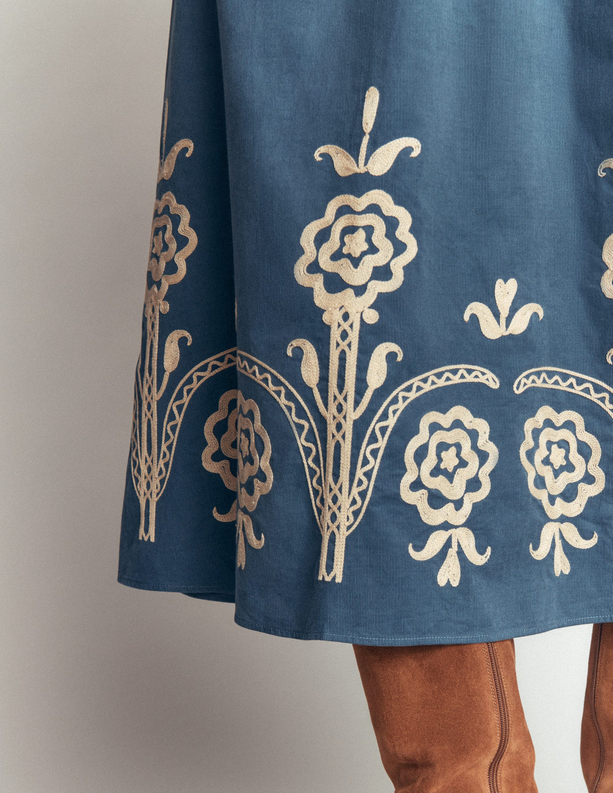 Smocked Cord Midi Dress-Storm Blue, Embroidery-6