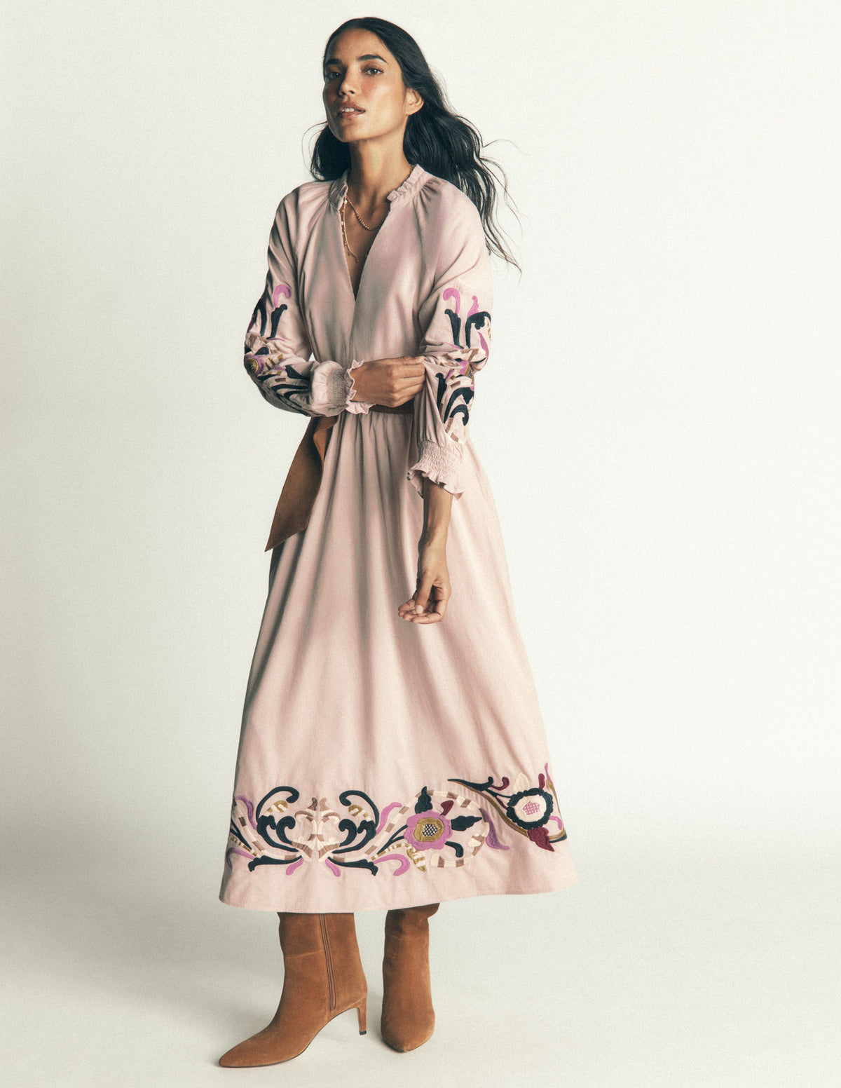 Smocked Cord Midi Dress-Almond Peach, Embroidery-1