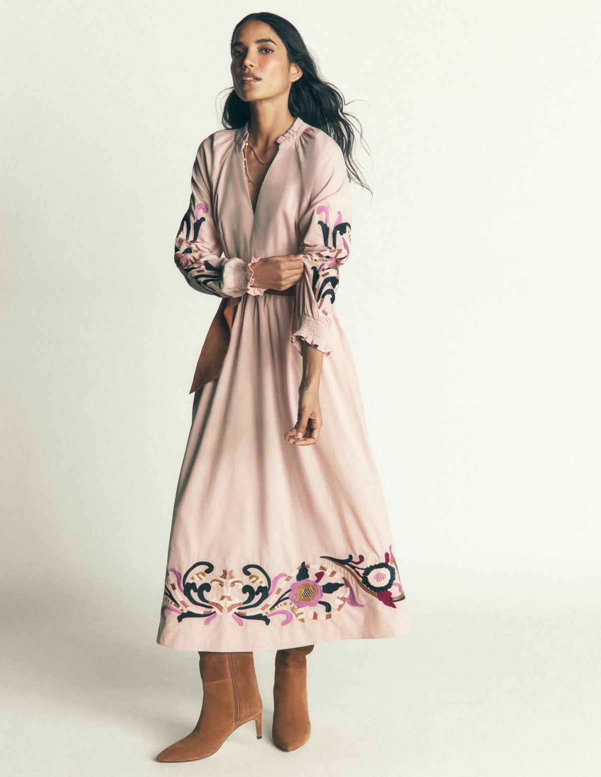 Smocked Cord Midi Dress-Almond Peach Embroidery - Image 1