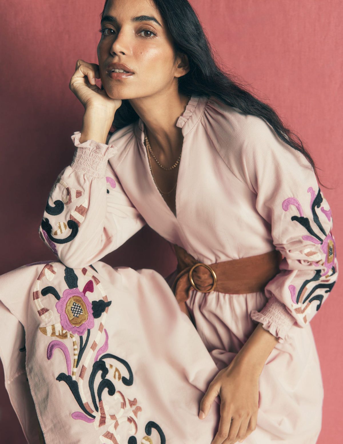 Smocked Cord Midi Dress-Almond Peach Embroidery-2