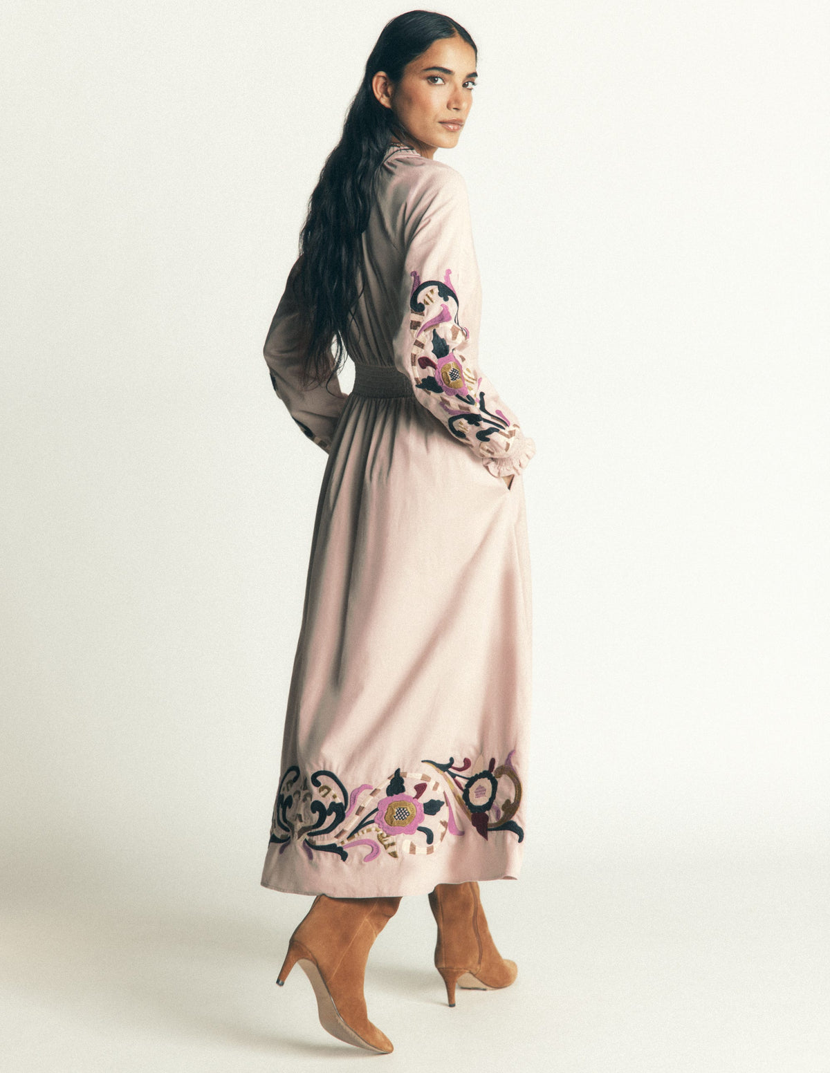 Smocked Cord Midi Dress-Almond Peach, Embroidery-4
