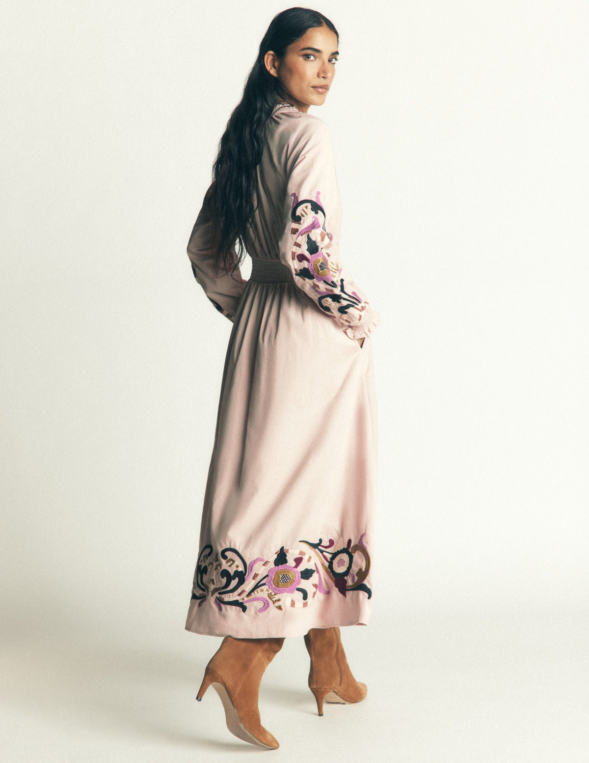 Smocked Cord Midi Dress-Almond Peach Embroidery - Image 3