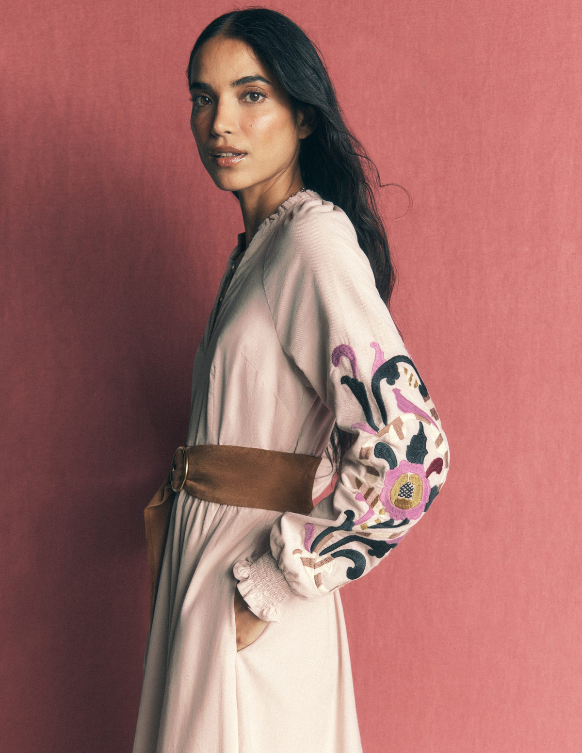 Smocked Cord Midi Dress-Almond Peach, Embroidery - Image 4
