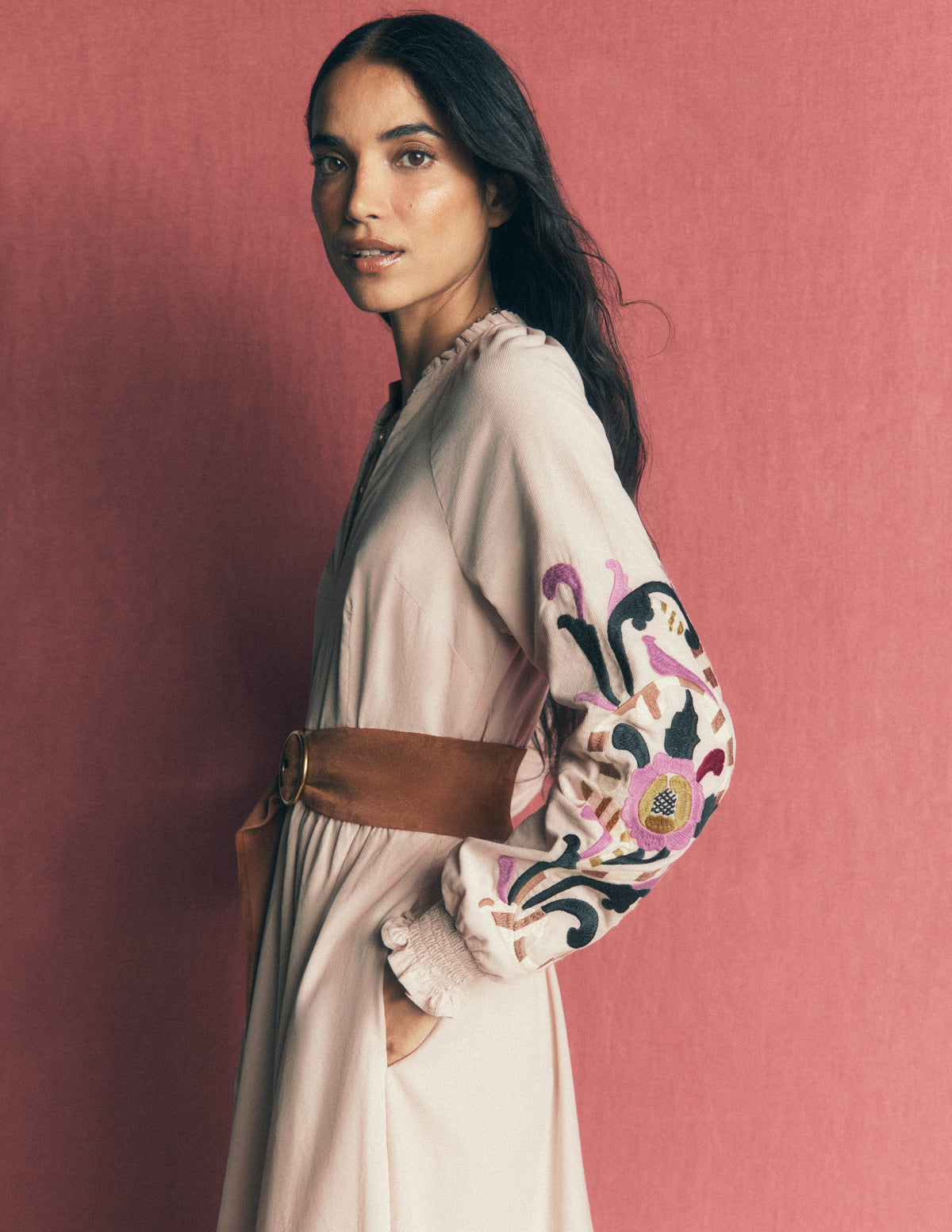 Smocked Cord Midi Dress-Almond Peach Embroidery-4