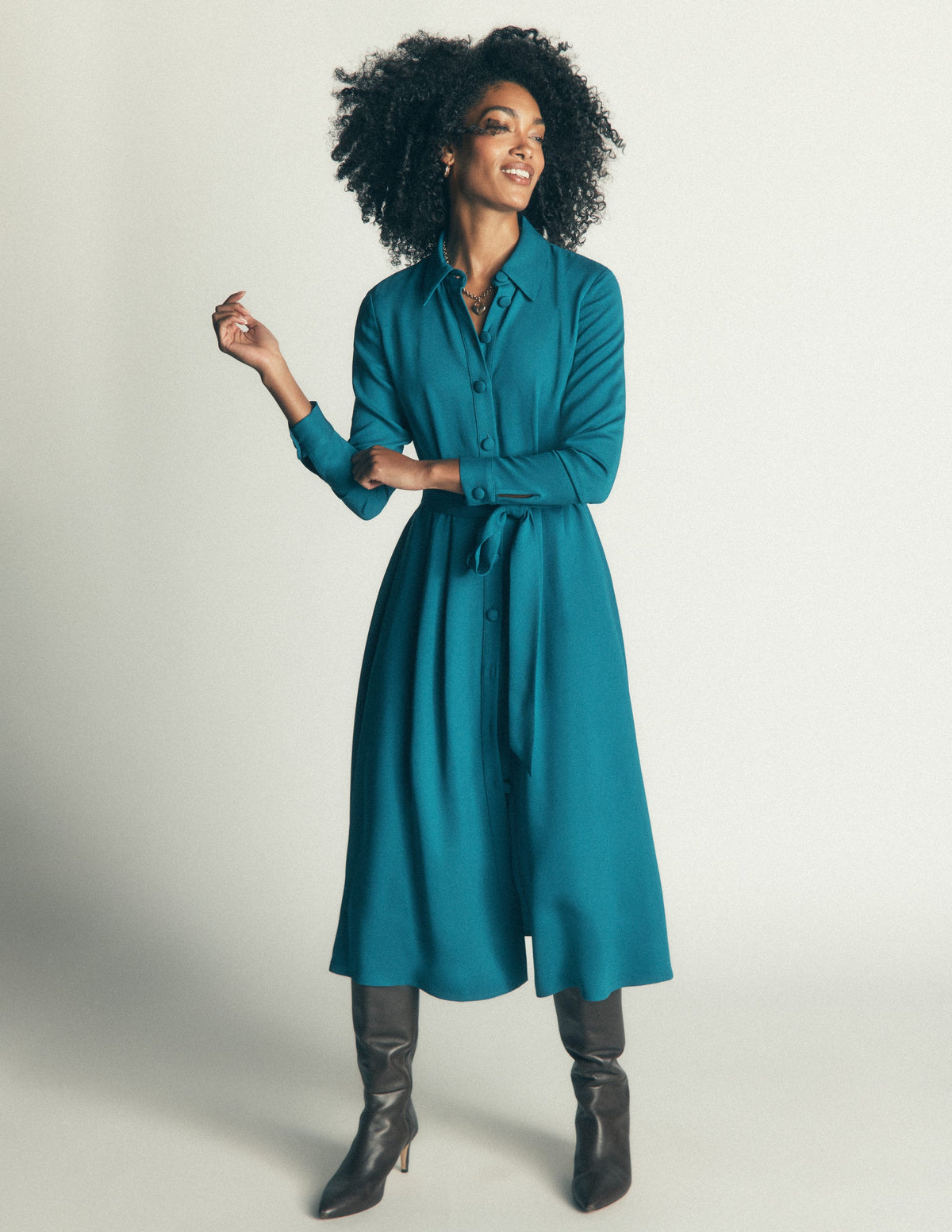 Kate Pleated Shirt Dress-Deep Sea Green-2