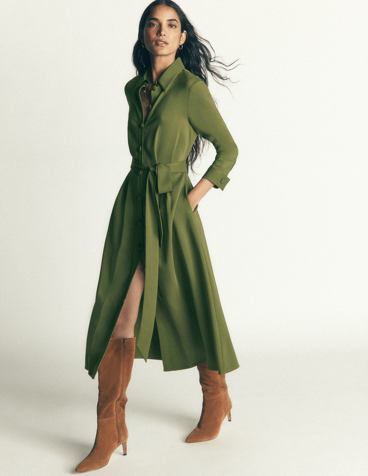 Kate Pleated Shirt Dress-Forest Green - Image 1