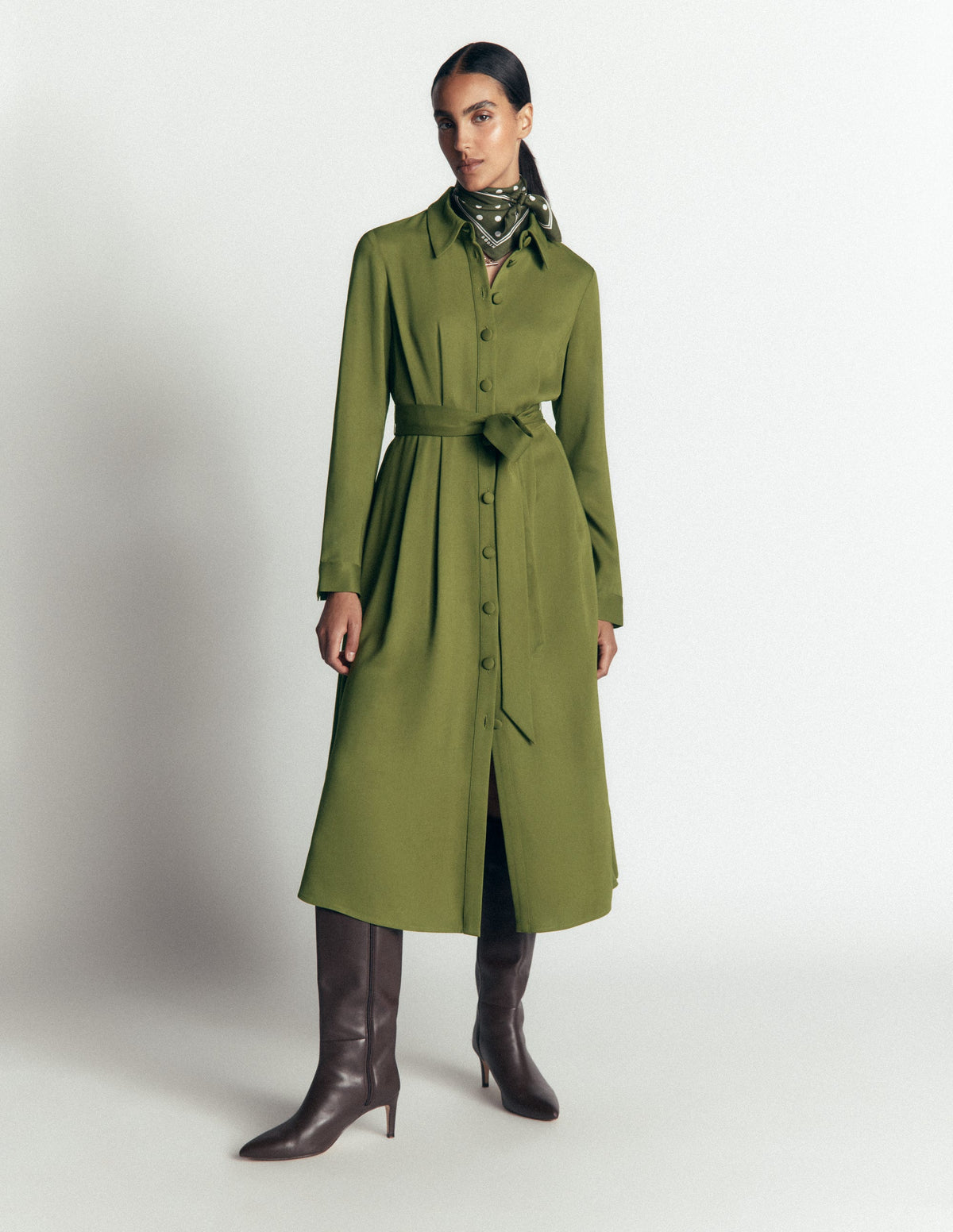 Kate Pleated Shirt Dress-Forest Green-5