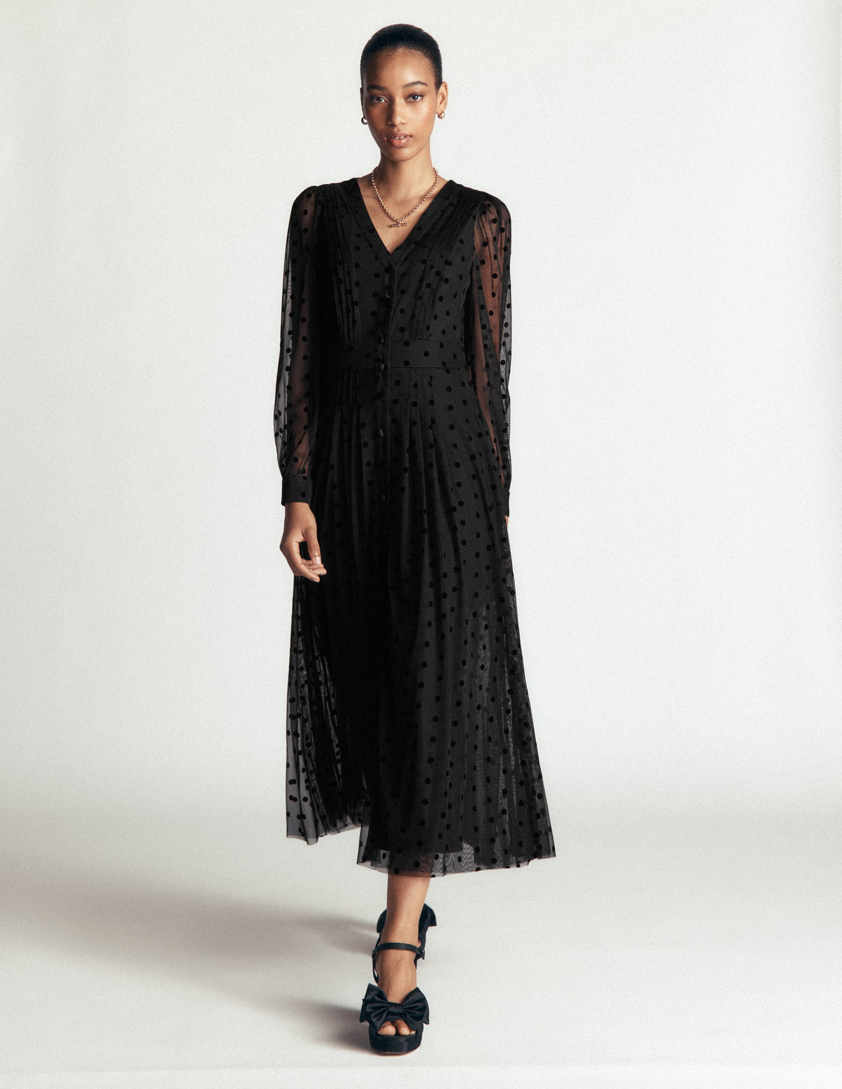 Pleated Tulle Midi Dress-Black - Image 1