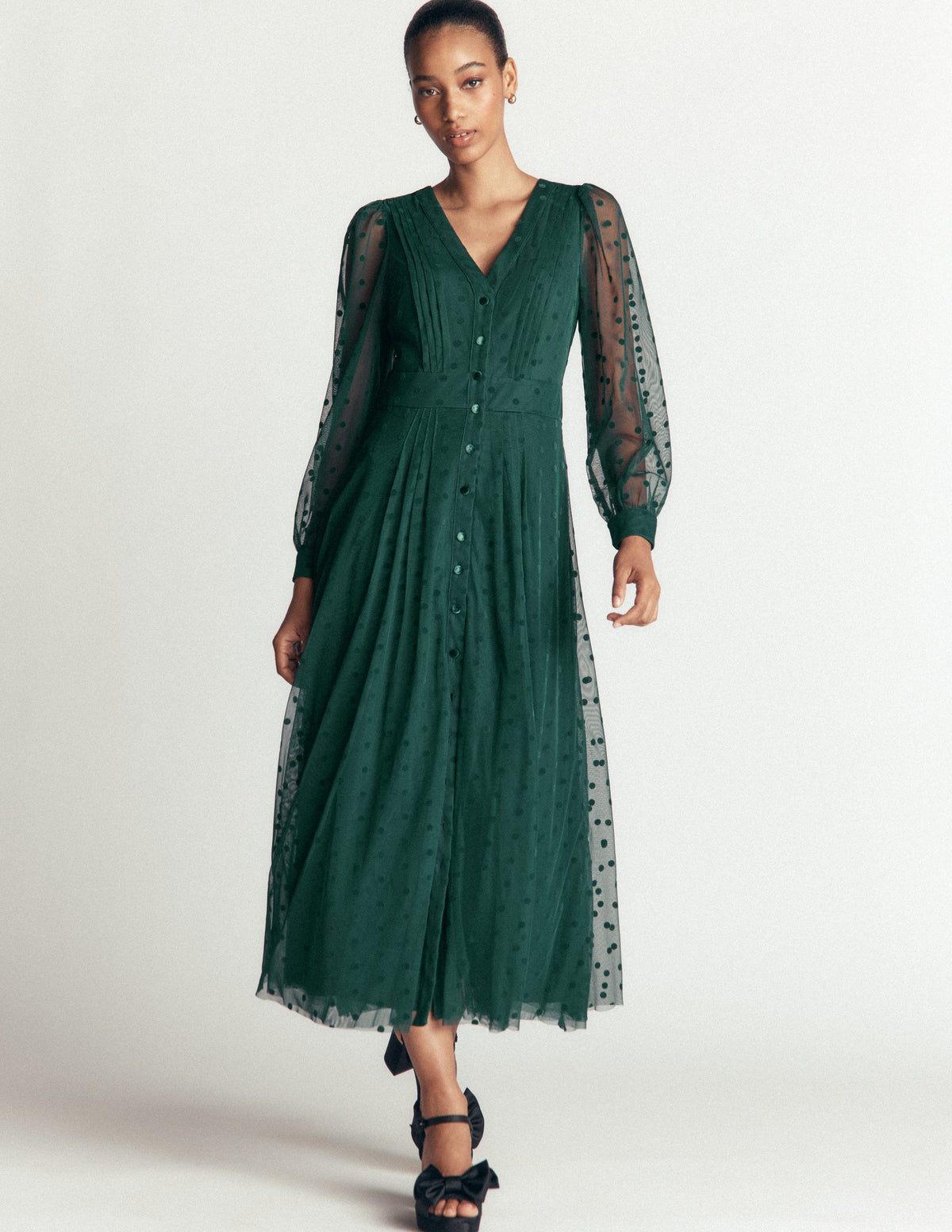 Pleated Tulle Midi Dress-Midnight Teal-4