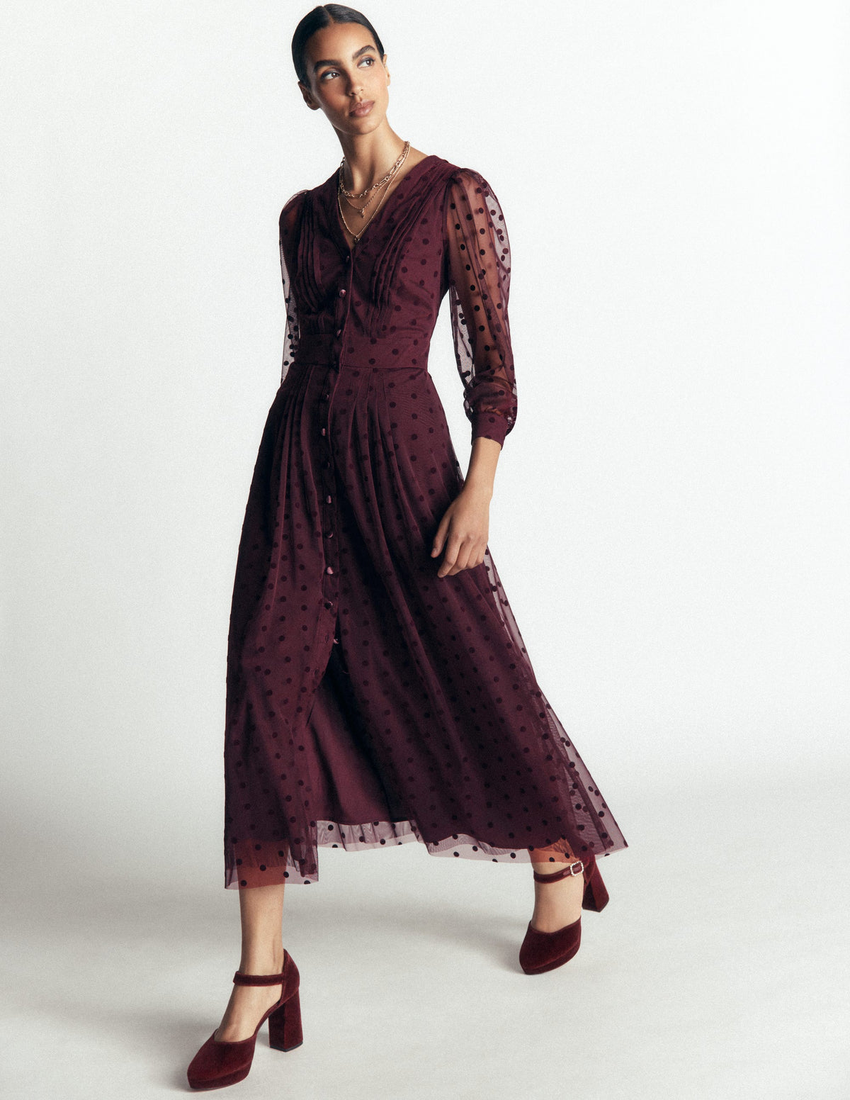 Pleated Tulle Midi Dress-Dark Cherry - Image 2