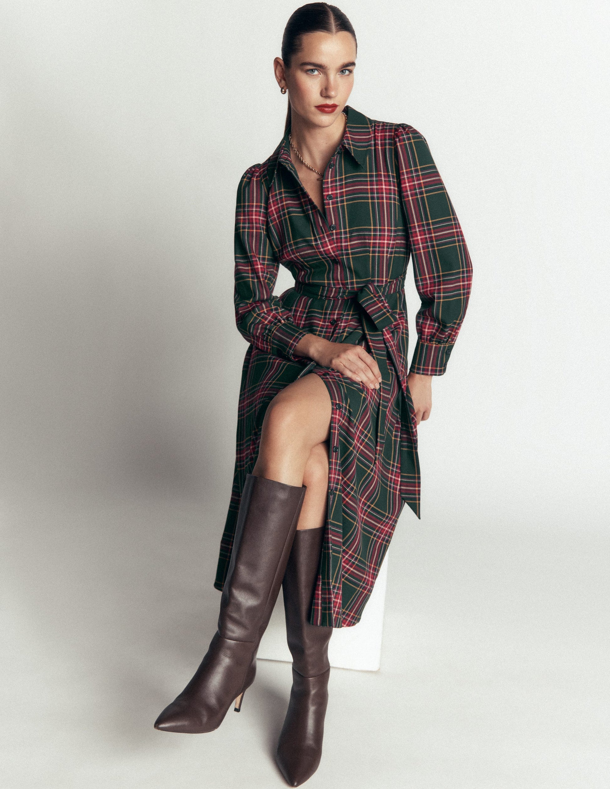 Maeve Check Midi Shirt Dress-Green, Navy and Red Check-3