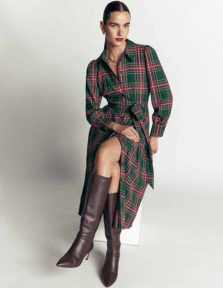 Maeve Check Midi Shirt Dress-Green, Navy and Red Check