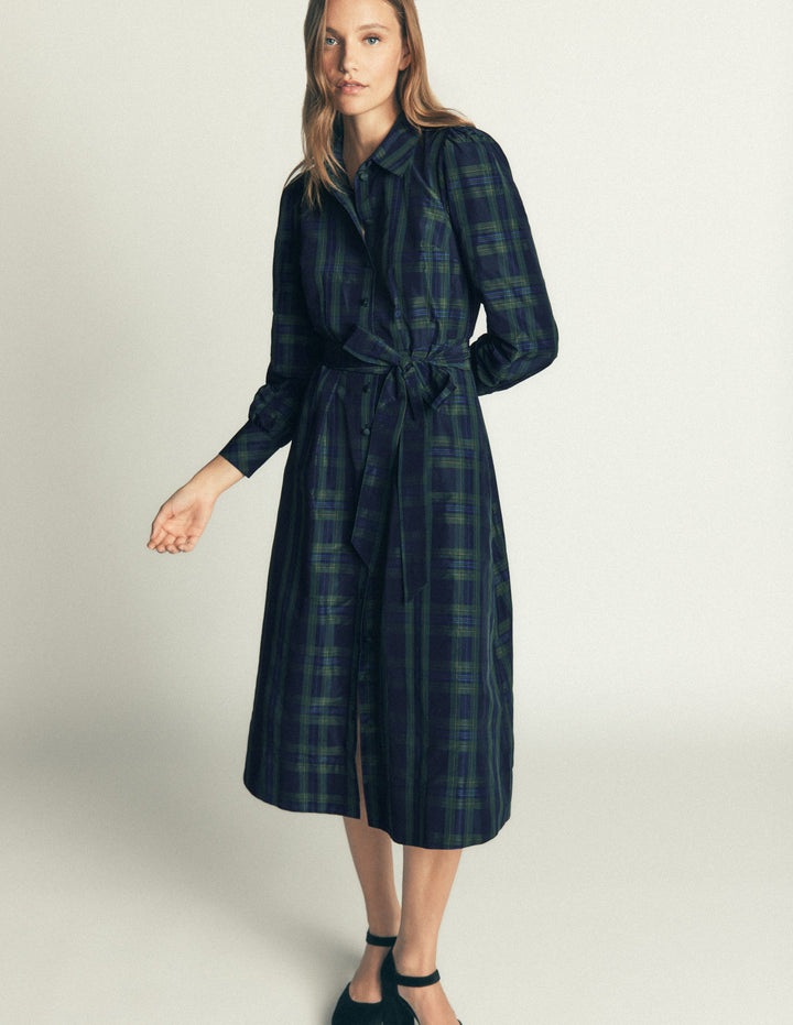 Maeve Occasion Shirt Dress-Navy, Green and Blue Check