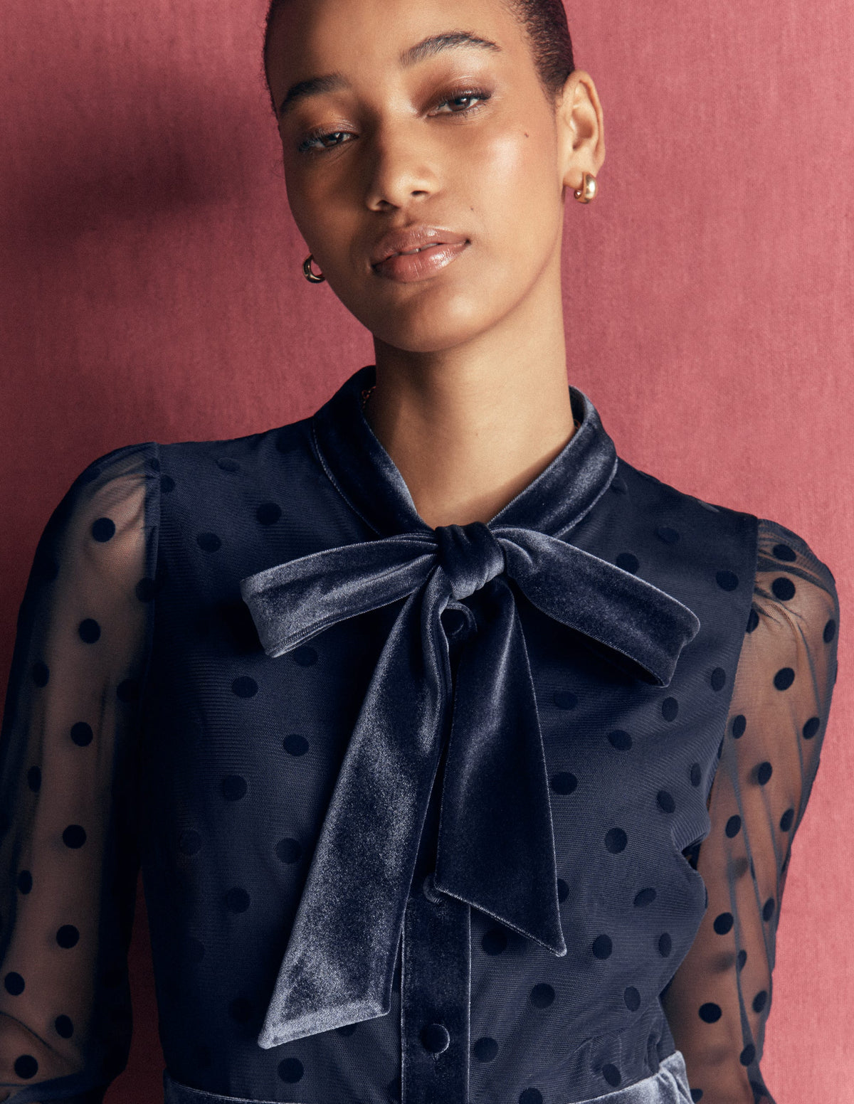Tie Neck Tiered Tulle Dress-Navy - Image 3