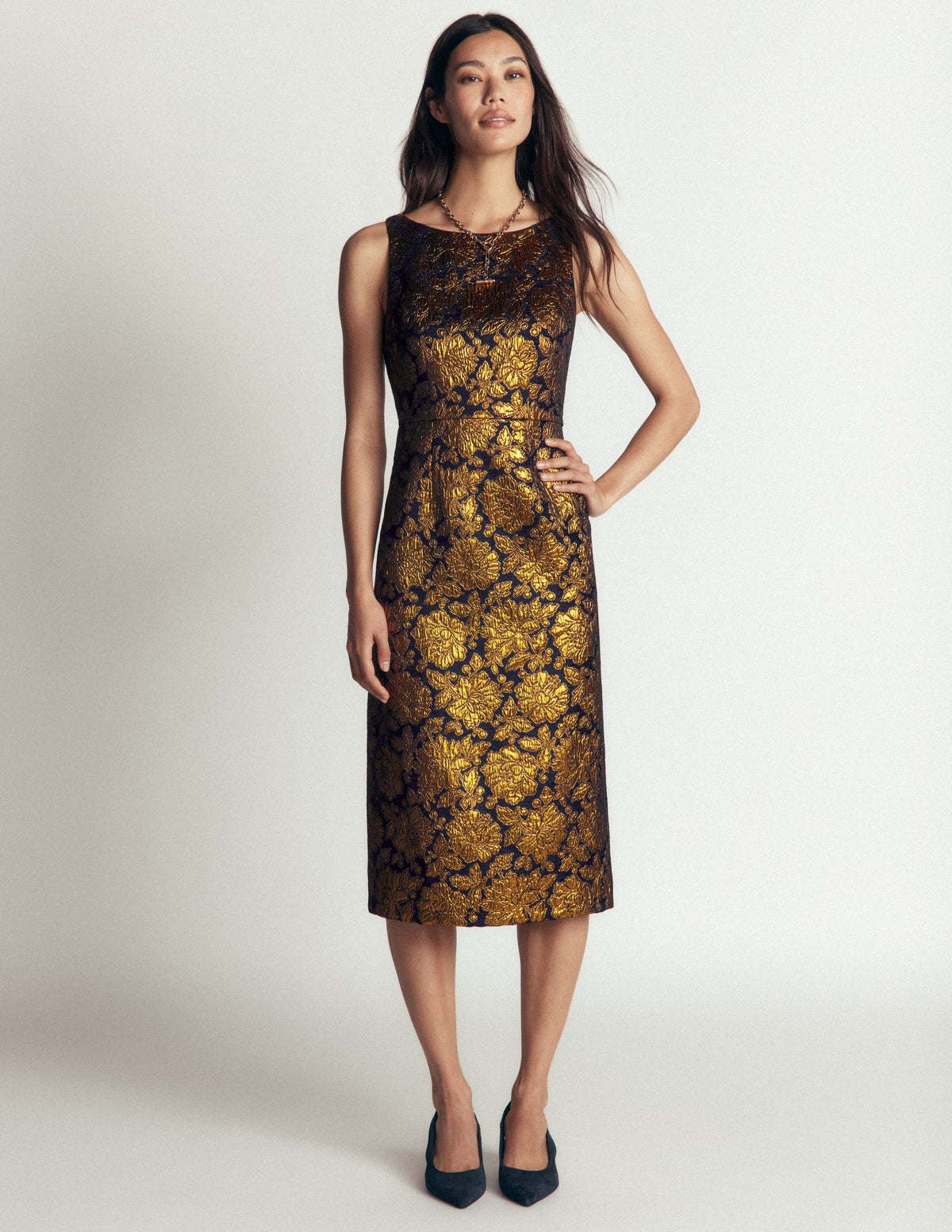 Jacquard Boat Neck Dress-Gold Floral Jacquard - Image 2