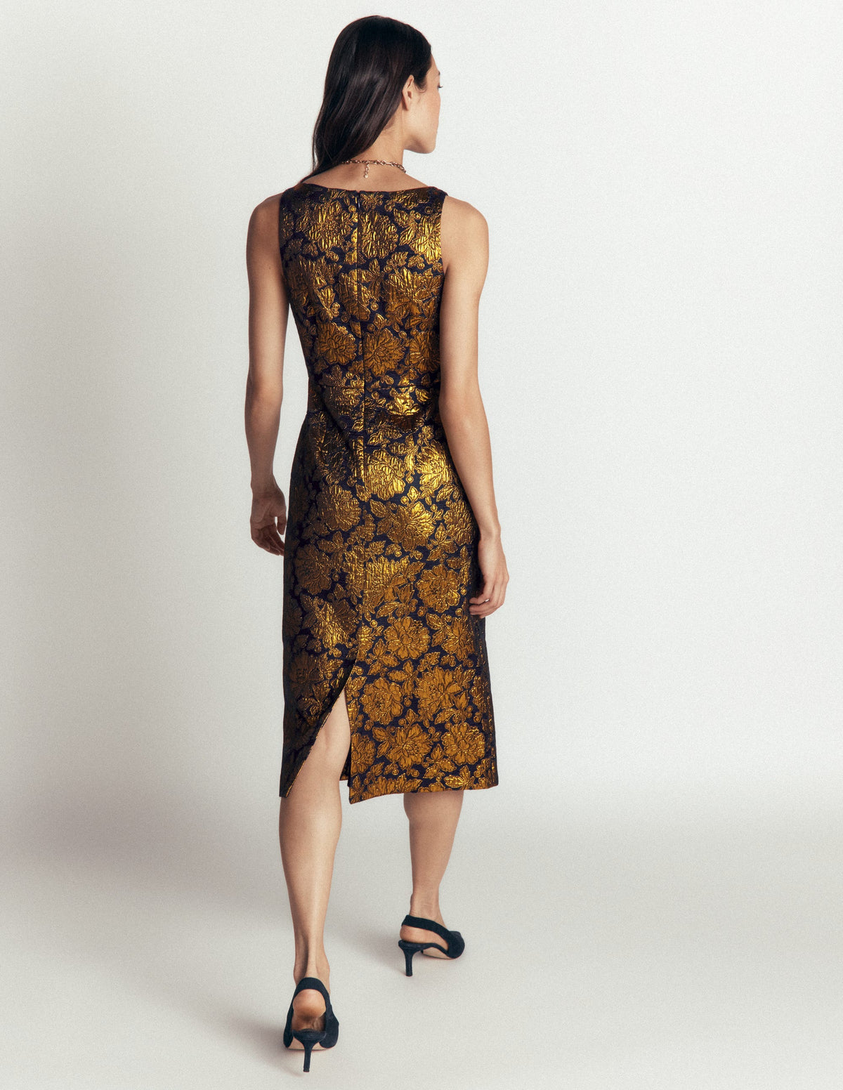 Jacquard Boat Neck Dress-Gold Floral Jacquard-5