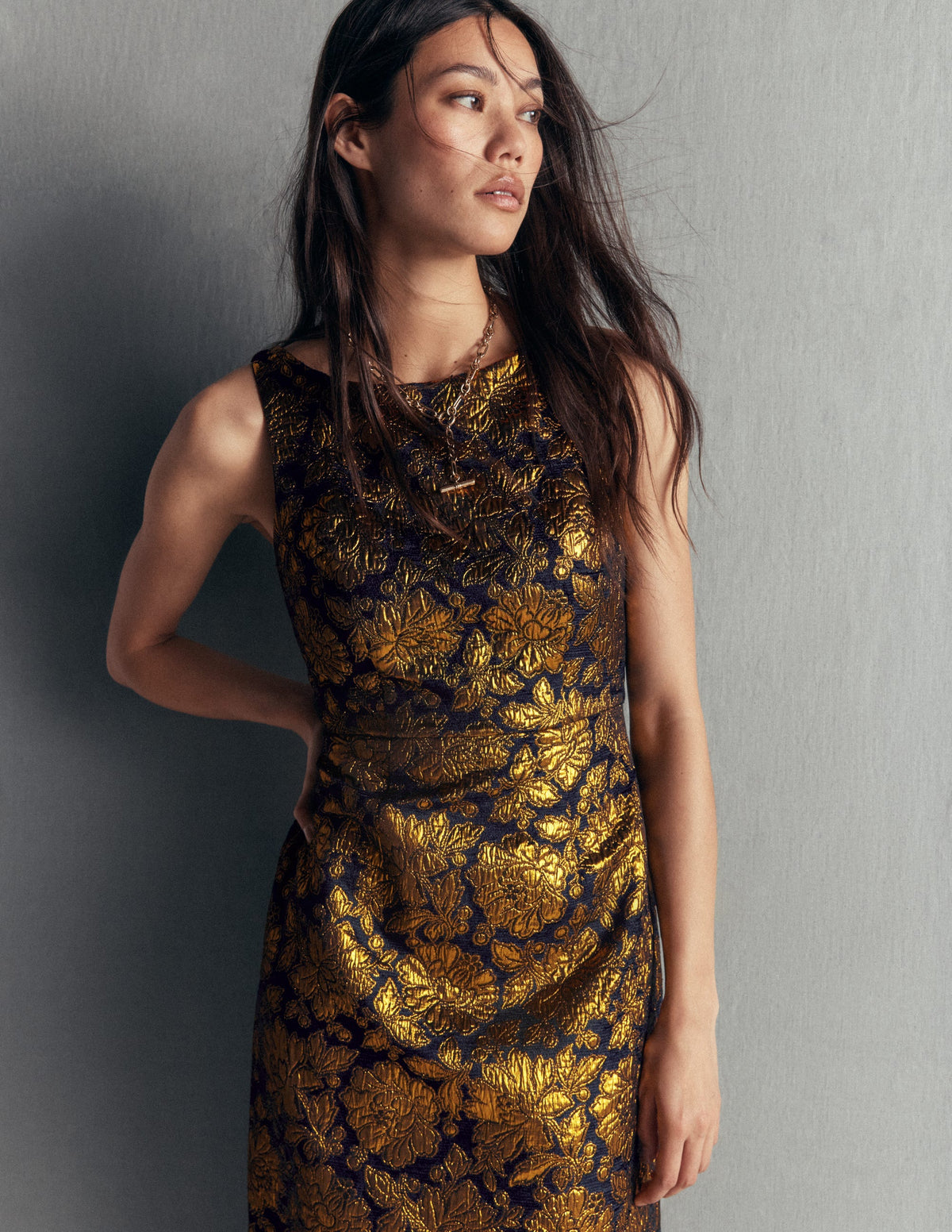 Jacquard Boat Neck Dress-Gold Floral Jacquard - Image 5
