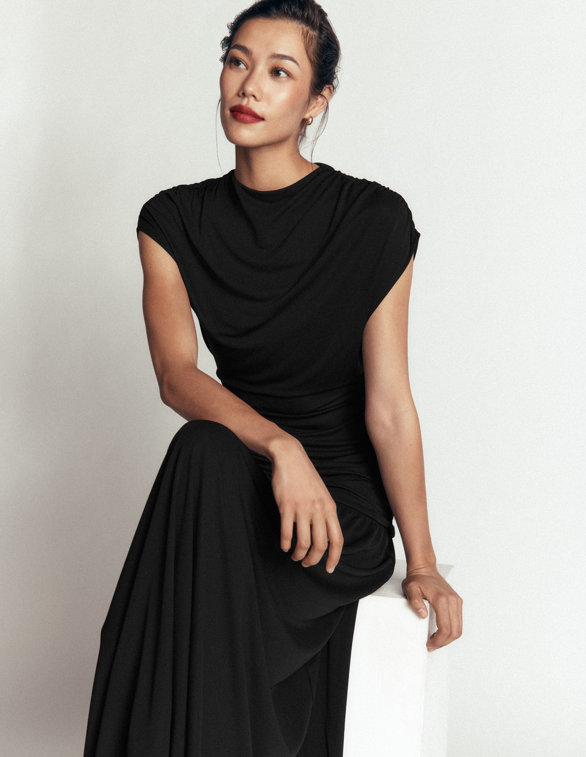 Drape Jersey Crepe Maxi Dress-Black - Image 1