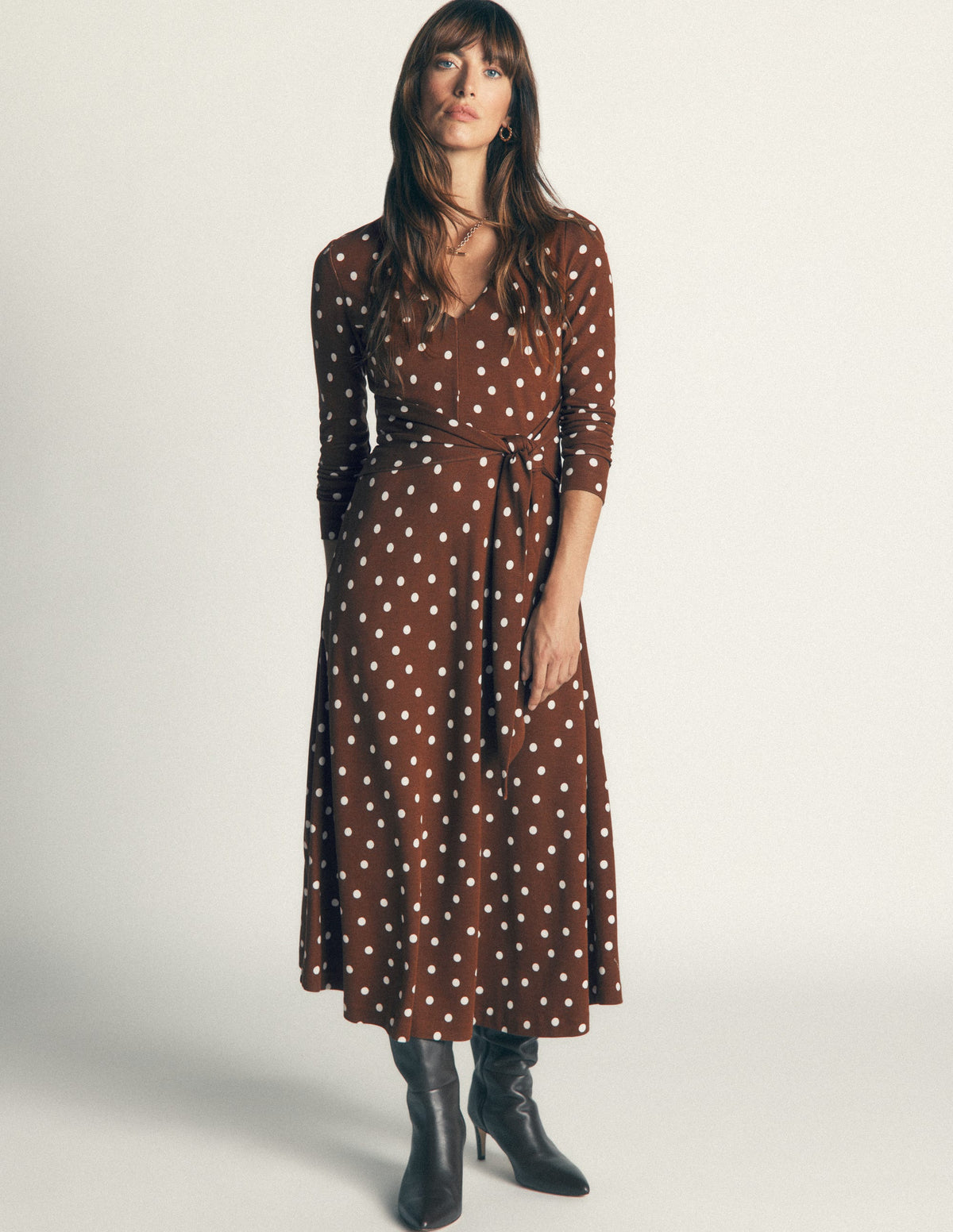 Tie Waist Ponte Dress-Raw Umber, Painted Dot - Image 1