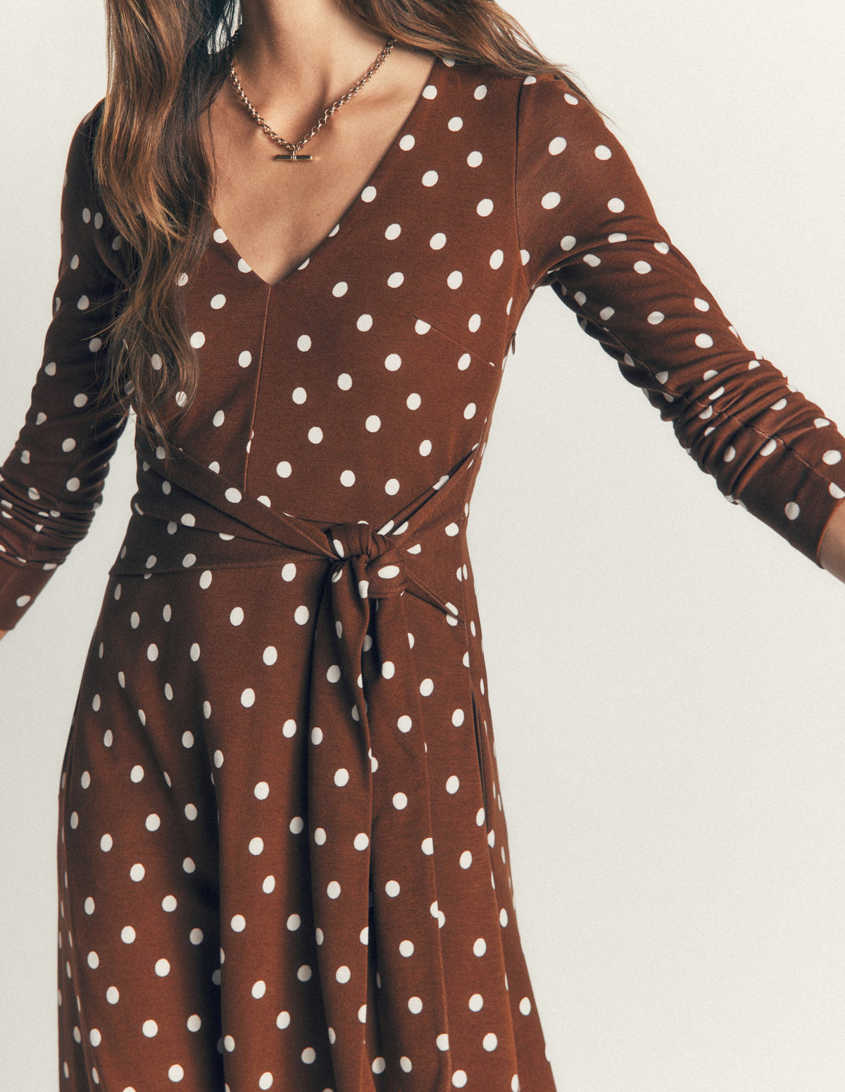 Tie Waist Ponte Dress-Raw Umber, Painted Dot-2