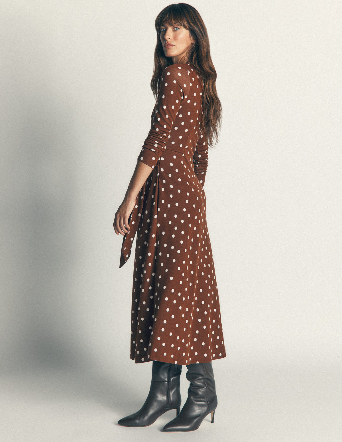 Tie Waist Ponte Dress-Raw Umber, Painted Dot - Image 3