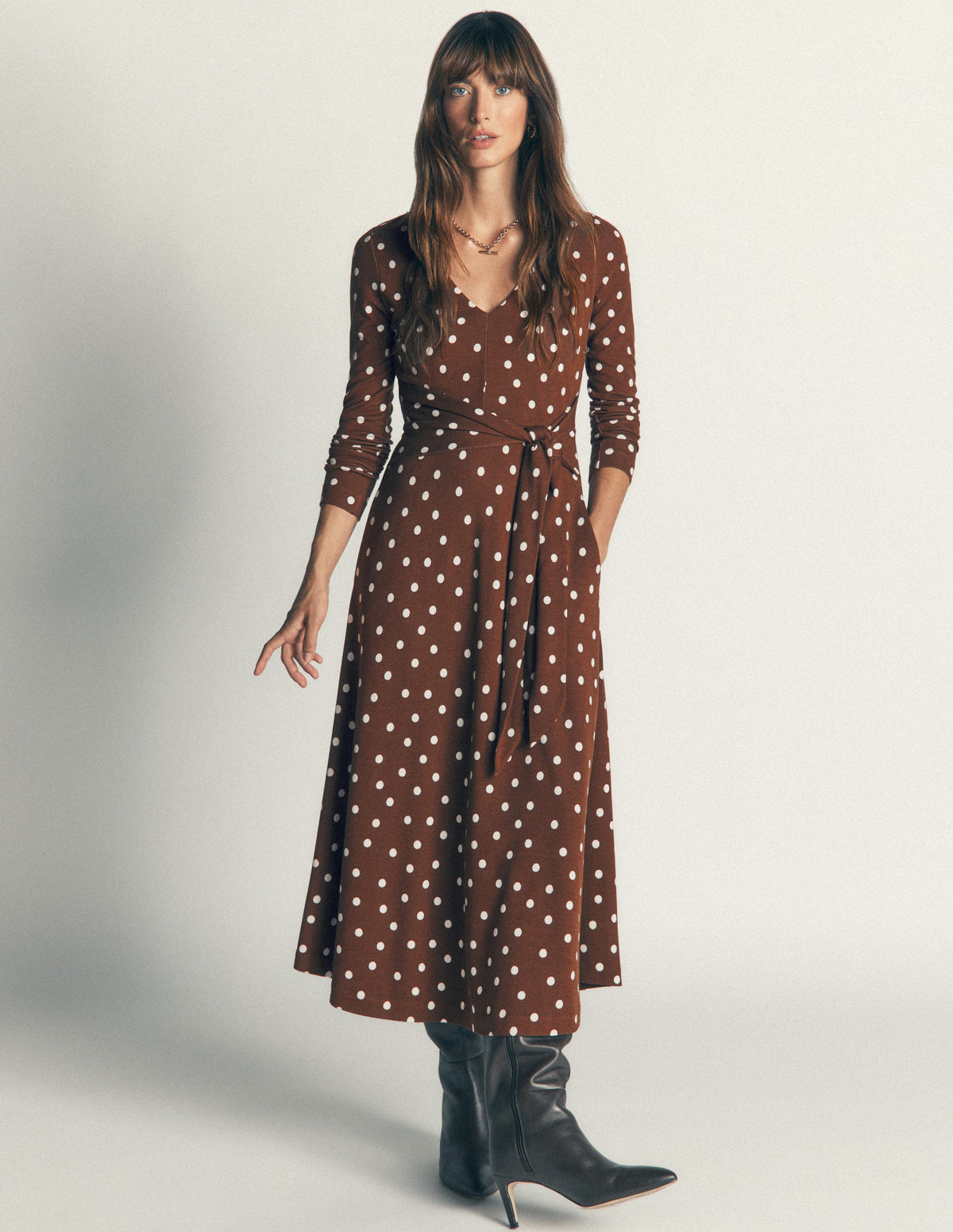 Tie Waist Ponte Dress-Raw Umber, Painted Dot-4