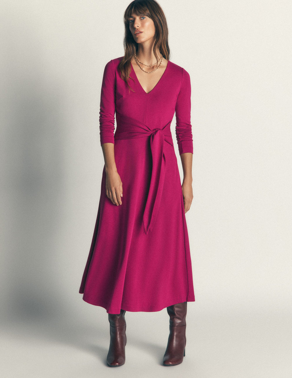 Tie Waist Ponte Dress-Beetroot Red-1