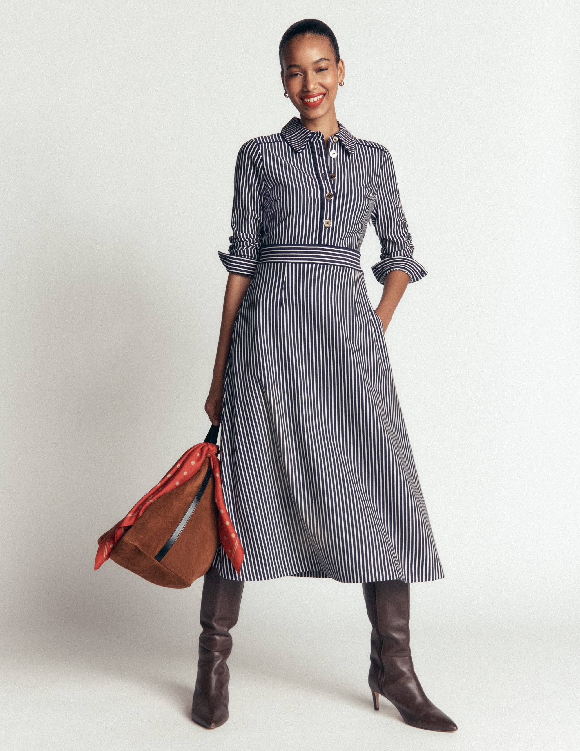 Etta Piping Detail Ponte Dress-Navy, Ivory Stripe - Image 1