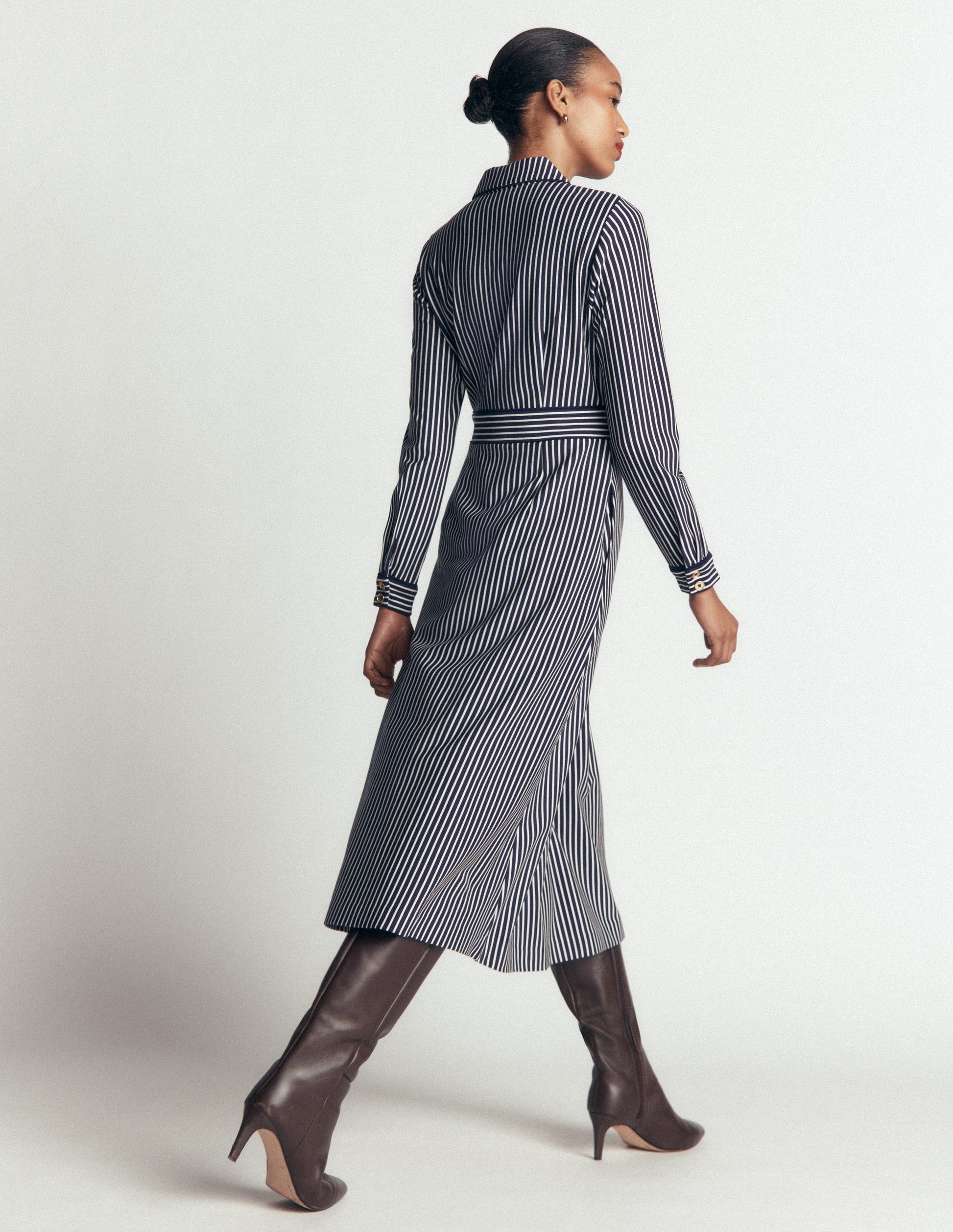 Etta Piping Detail Ponte Dress-Navy, Ivory Stripe-3