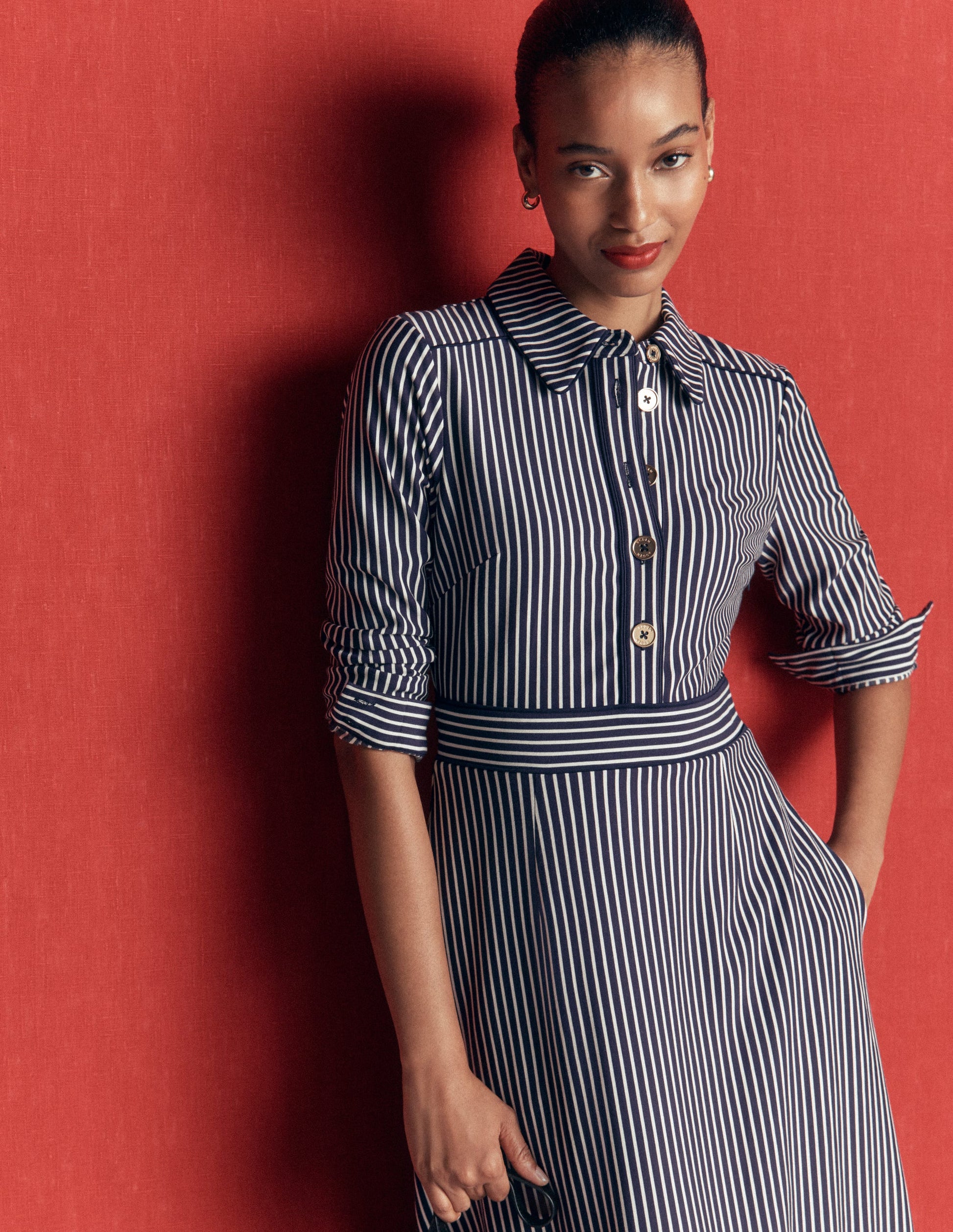 Etta Piping Detail Ponte Dress-Navy, Ivory Stripe-5