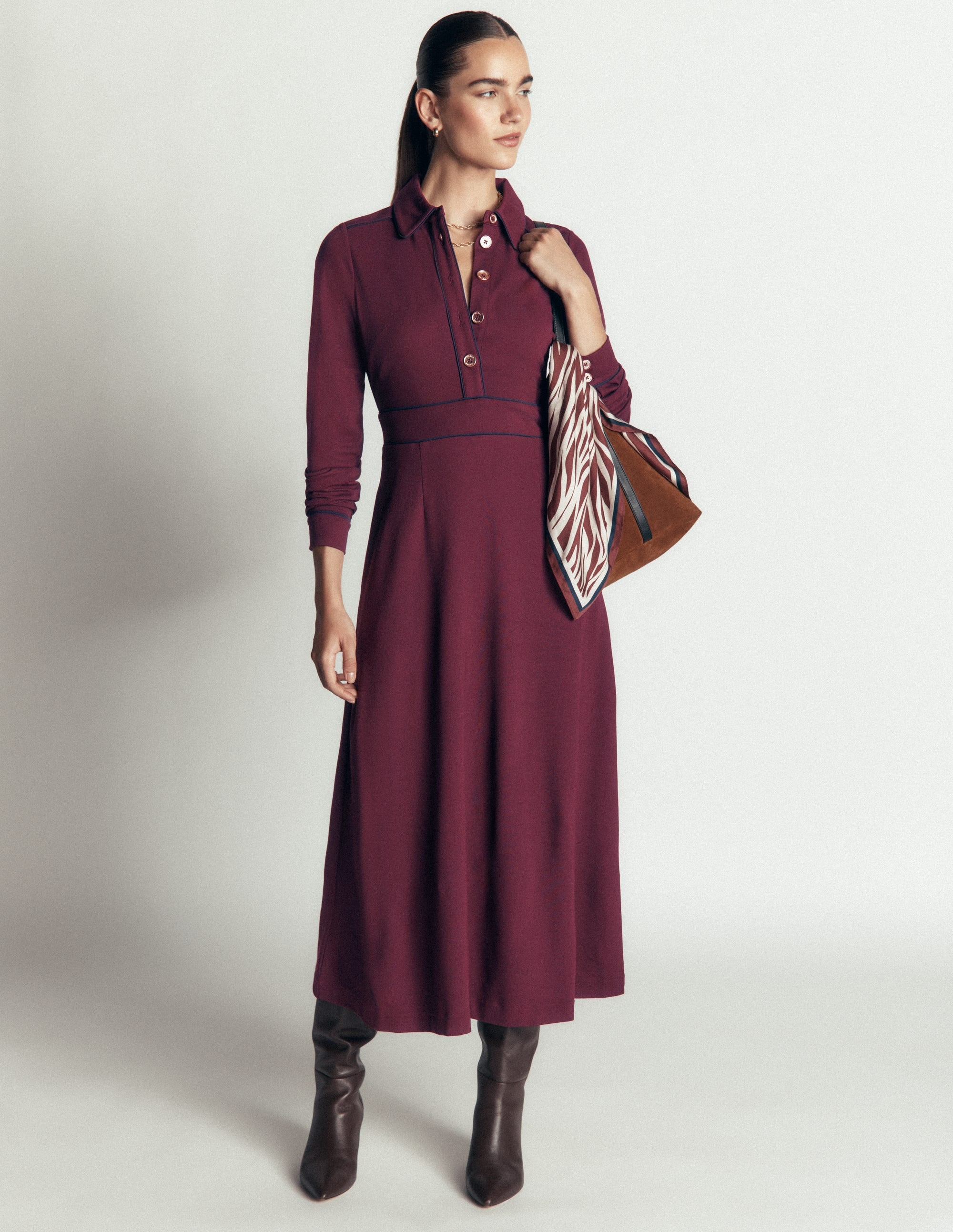 Etta Piping Detail Ponte Dress-Dark Cherry, Navy - Image 1