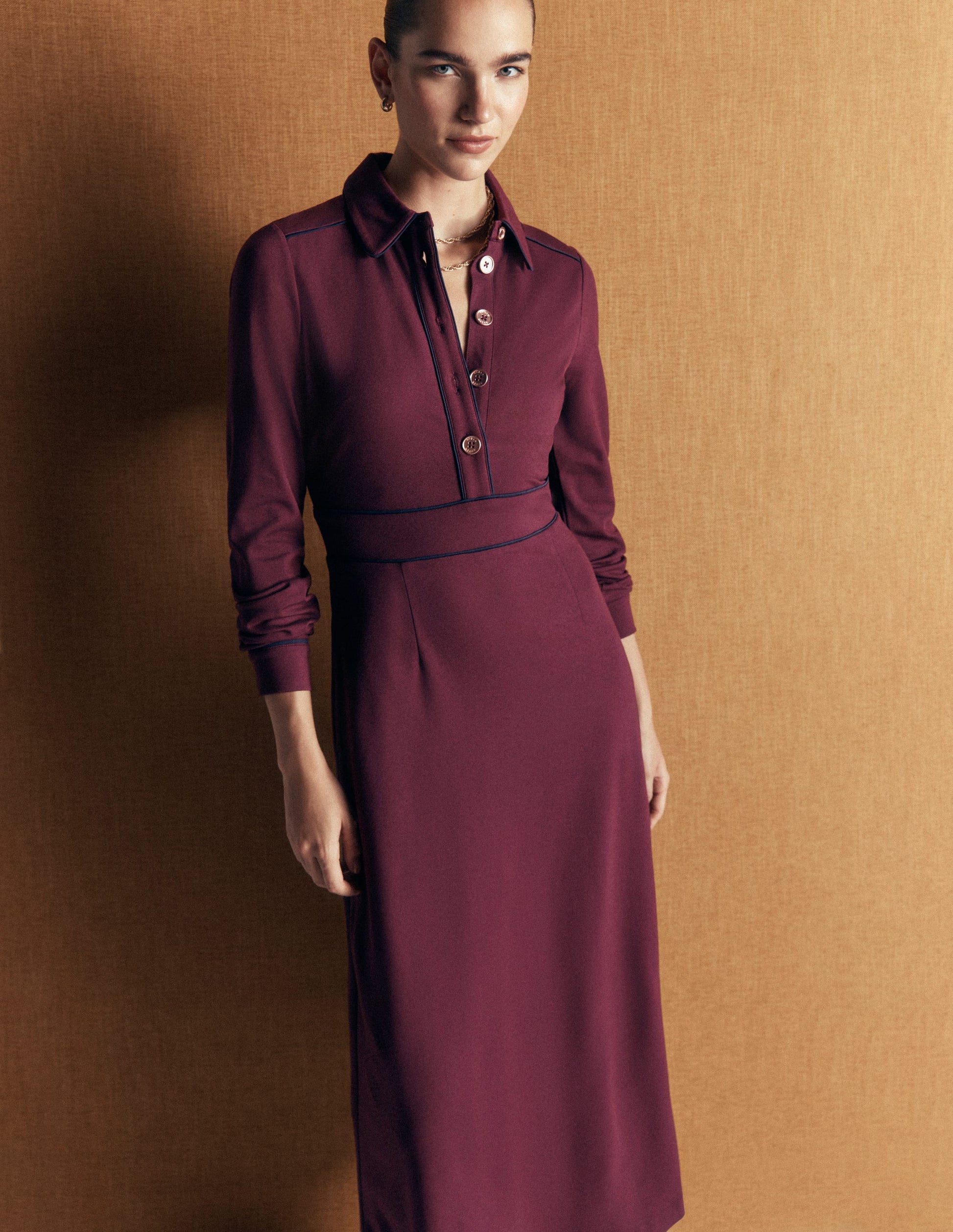 Etta Piping Detail Ponte Dress-Dark Cherry, Navy-5