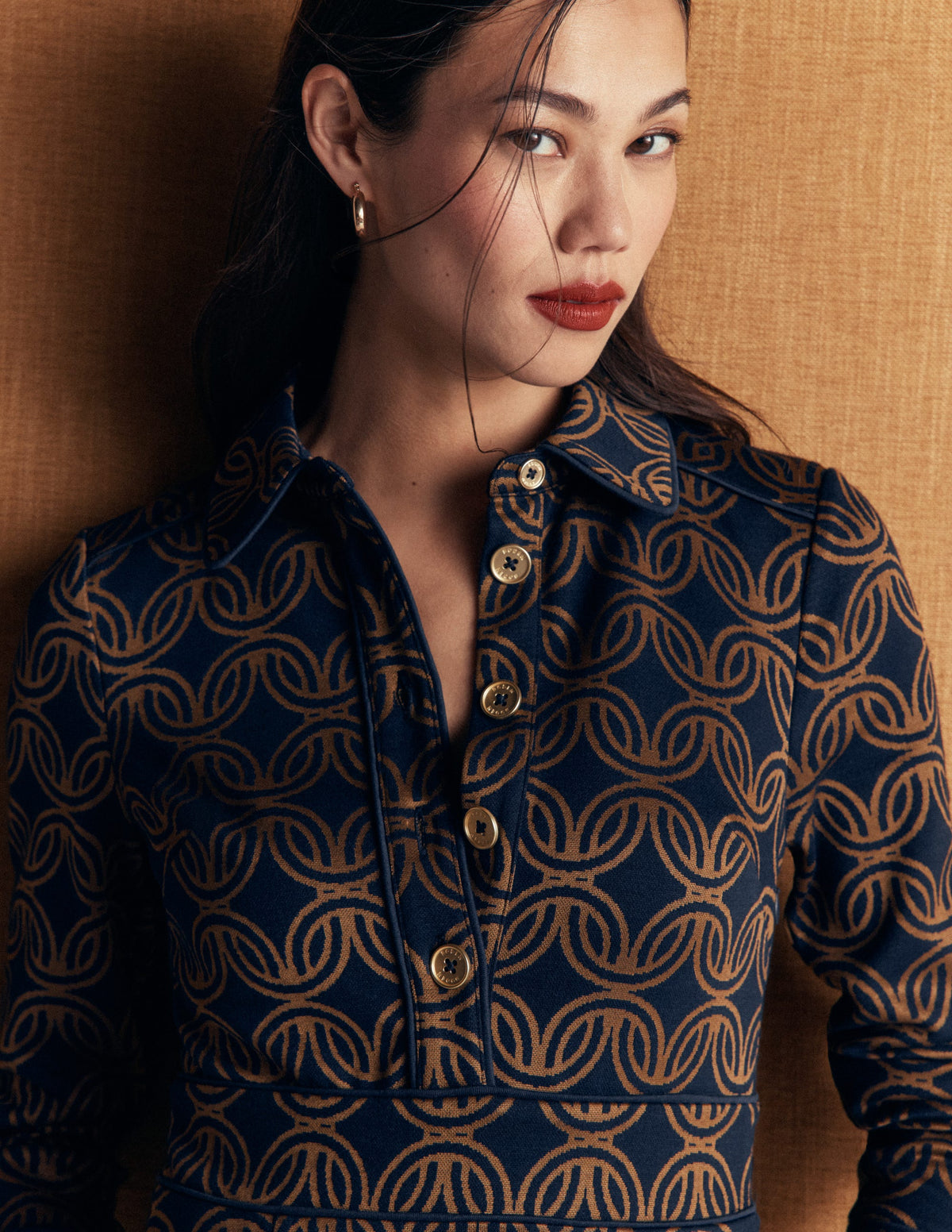 Etta Piping Detail Ponte Dress-Navy, Geo Parade Mono-3