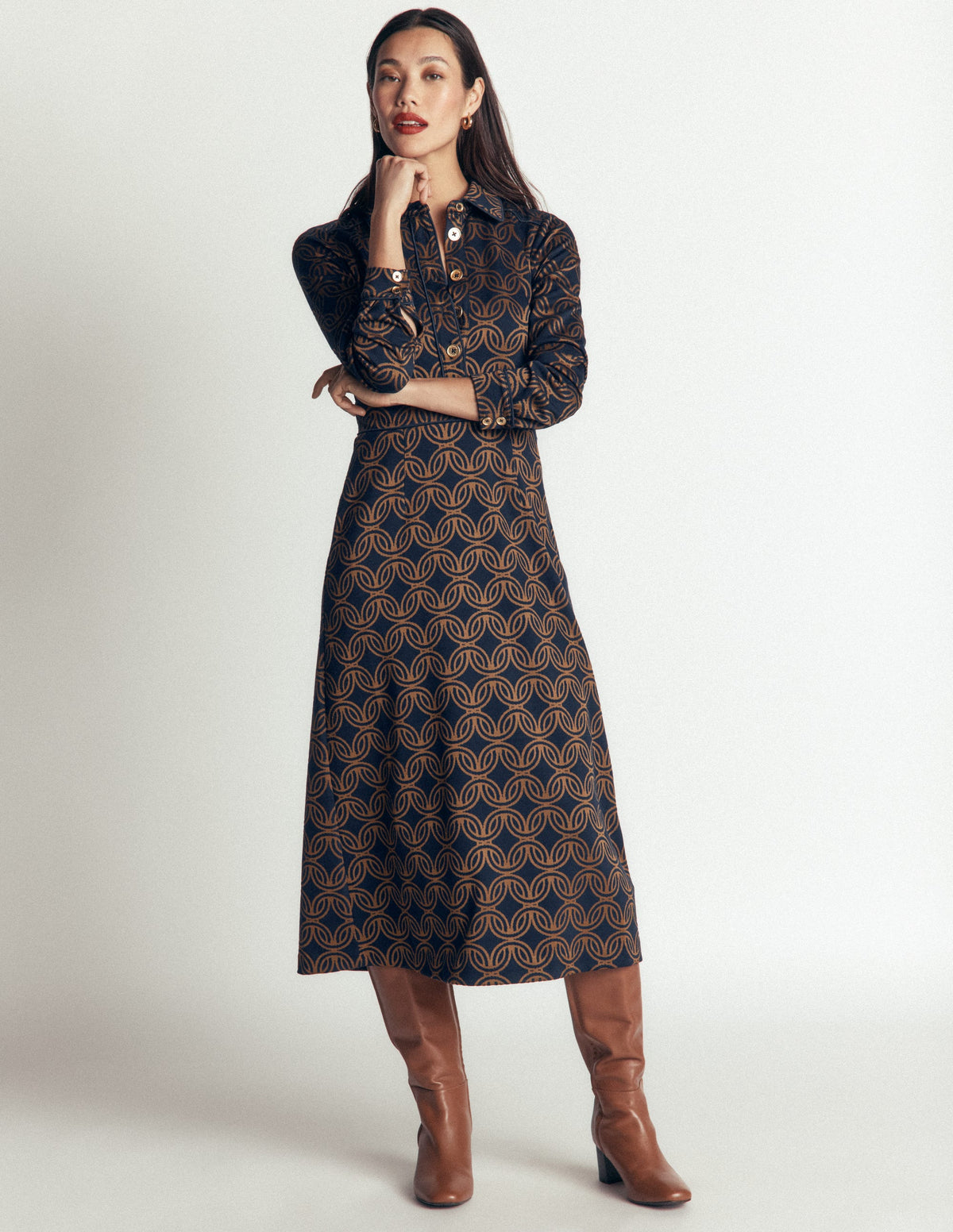 Etta Piping Detail Ponte Dress-Navy, Geo Parade Mono - Image 4